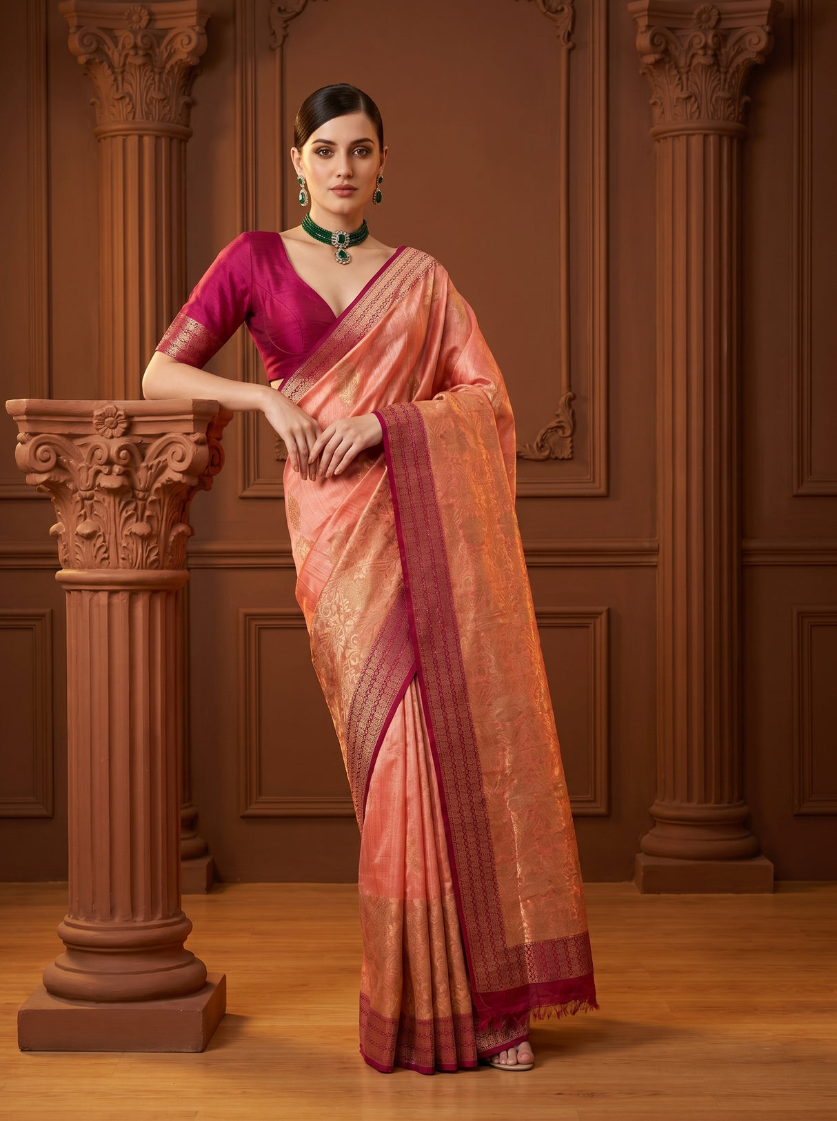 MIMOSA Peach Banarasi Linen Saree β pose 8 styling detail