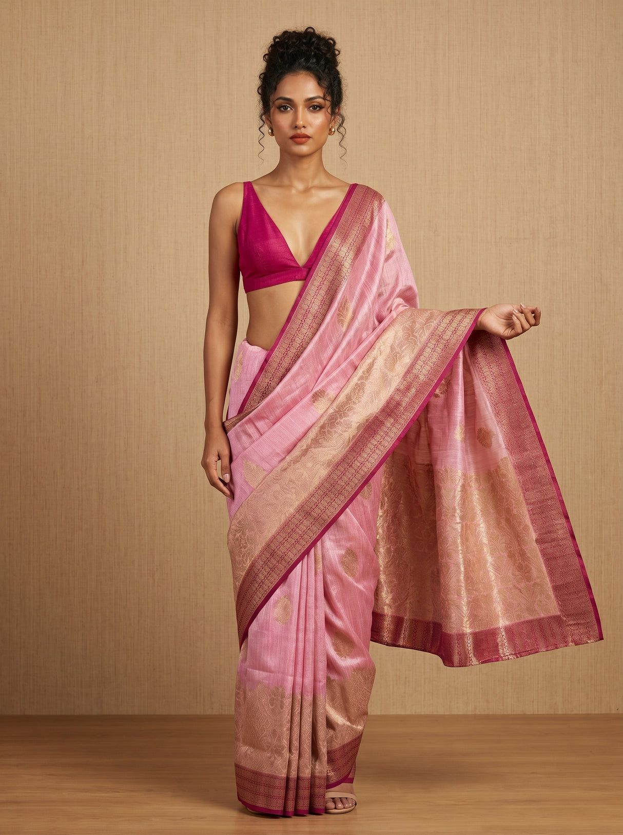 MIMOSA Pink Banarasi Linen Saree β pose 4 styling detail