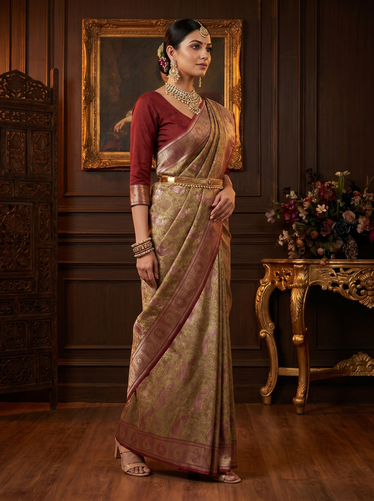 MIMOSA Pista Kanjivaram Art silk Saree β Pallu and Body