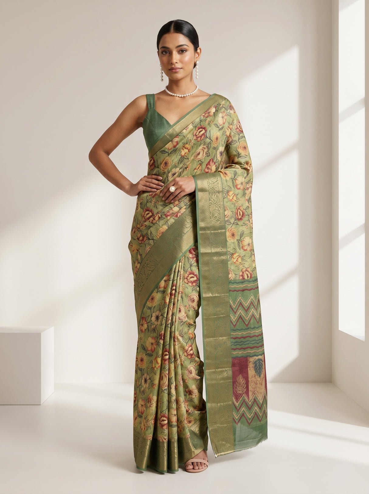 MIMOSA Pista Kalamkari Saree — pose 4 styling detail