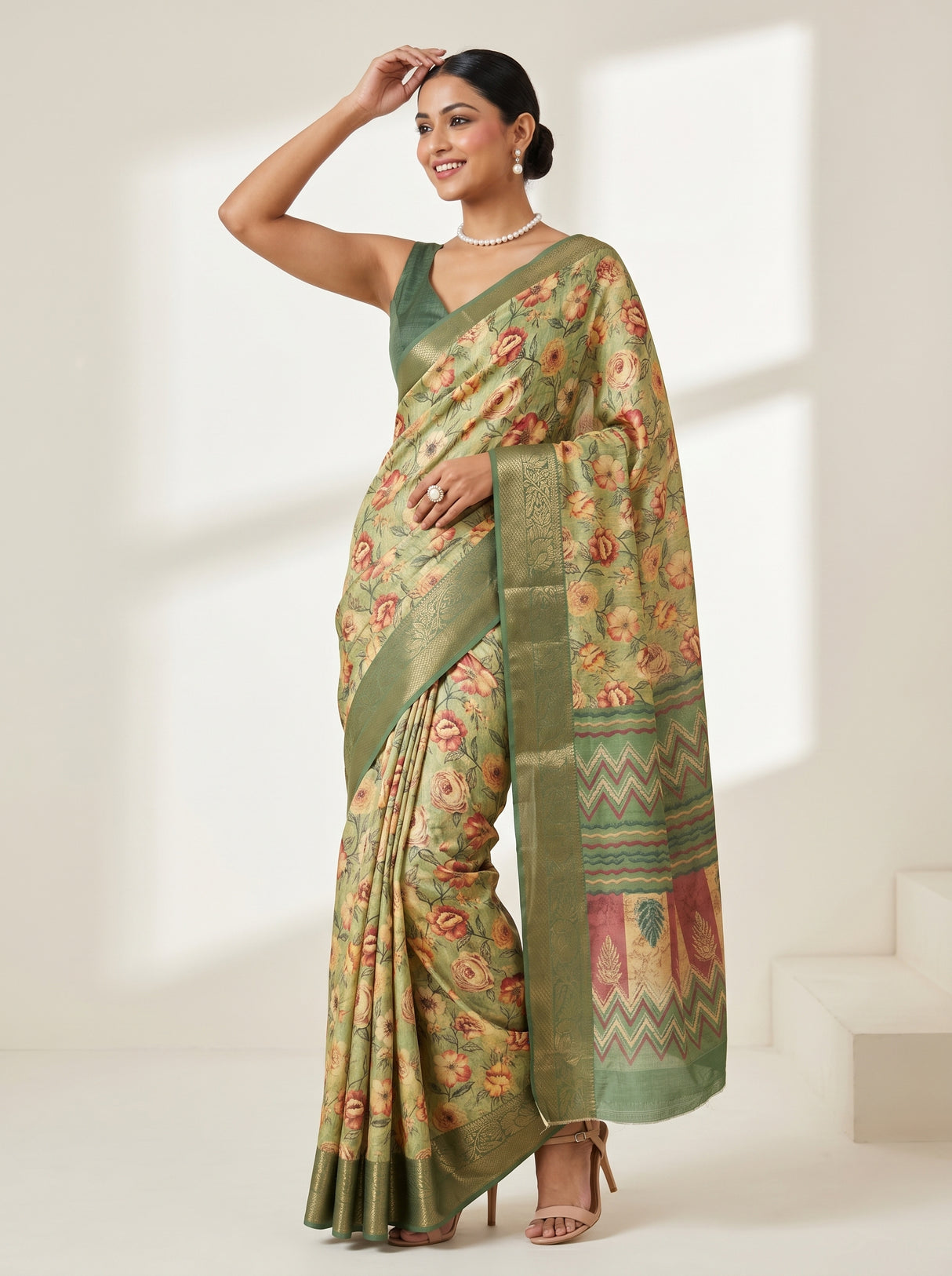 MIMOSA Pista Kalamkari Saree — pose 5 styling detail