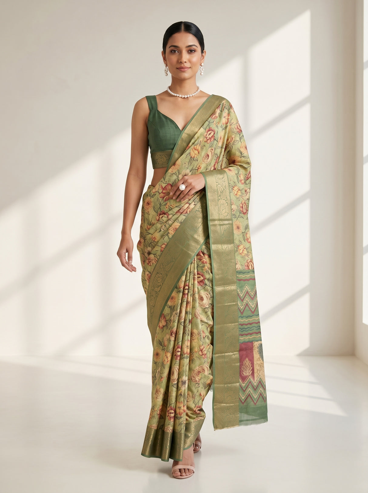 MIMOSA Pista Kalamkari Saree — pose 6 styling detail