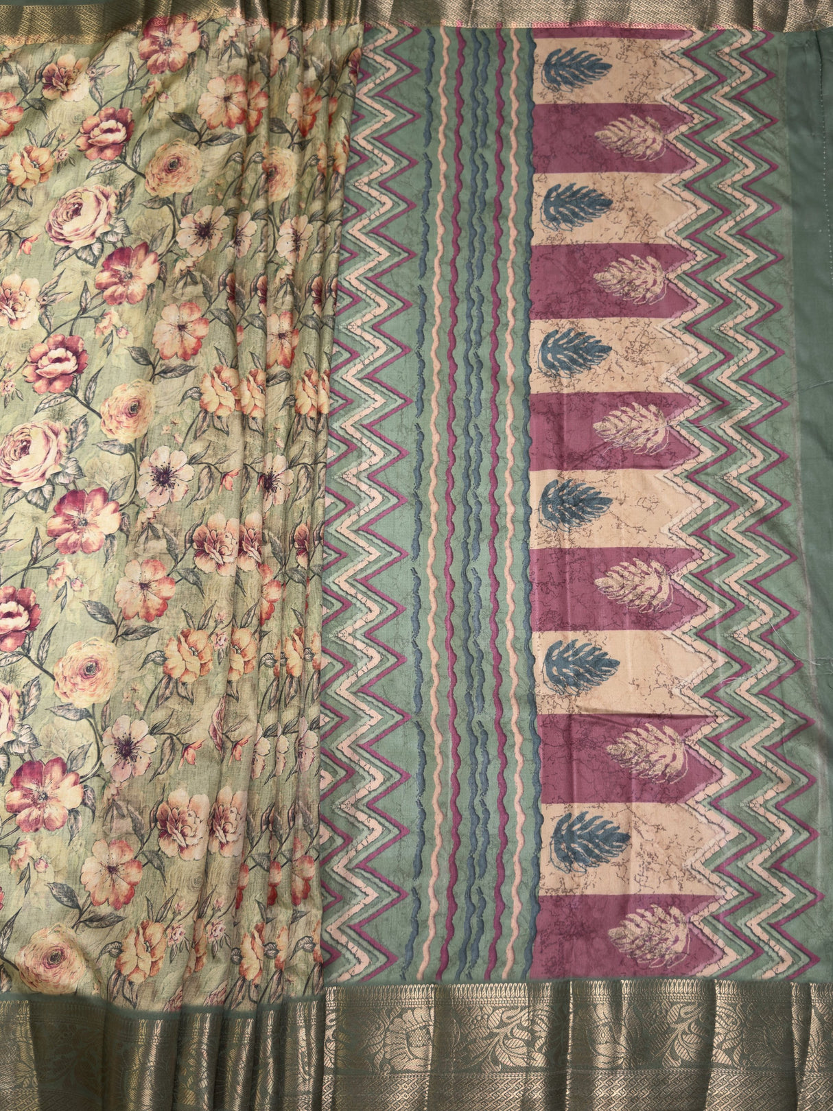 MIMOSA Pista Kalamkari Saree — pallu and zari work detail