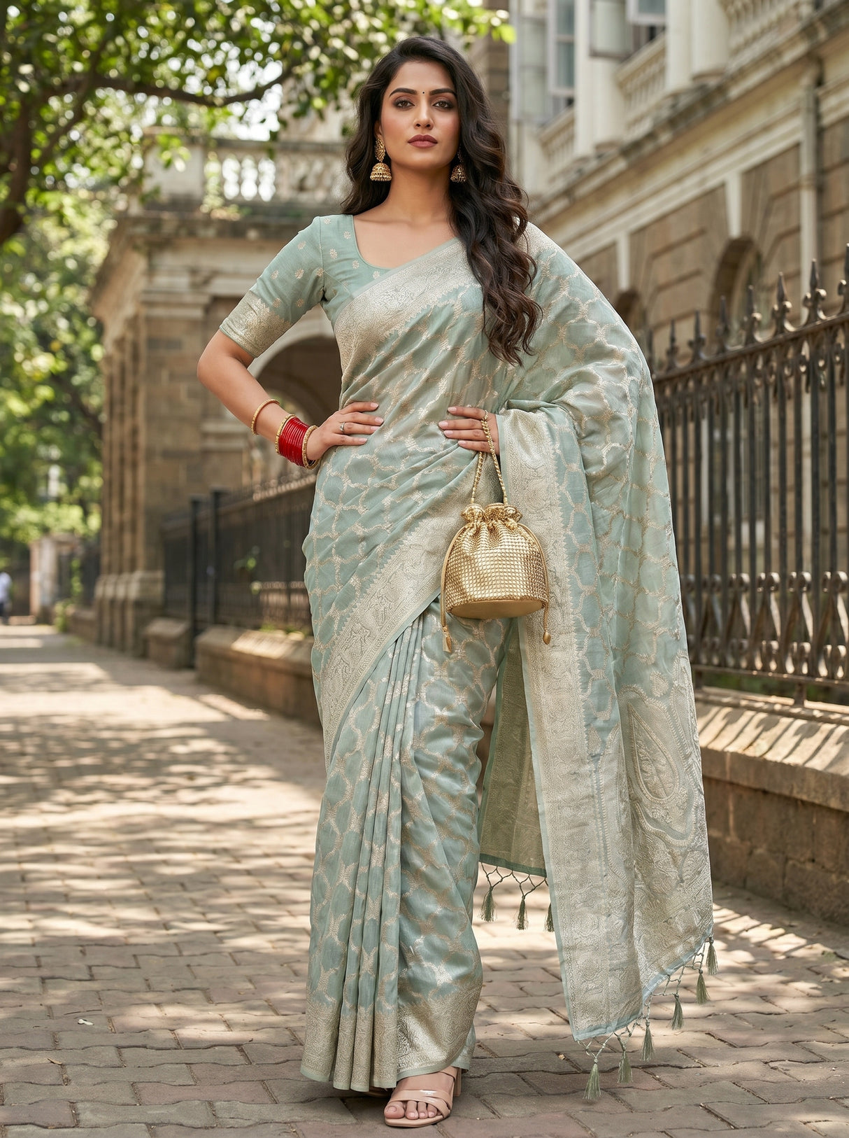 MIMOSA Grey Banarasi Art Silk Saree β Full View on Model