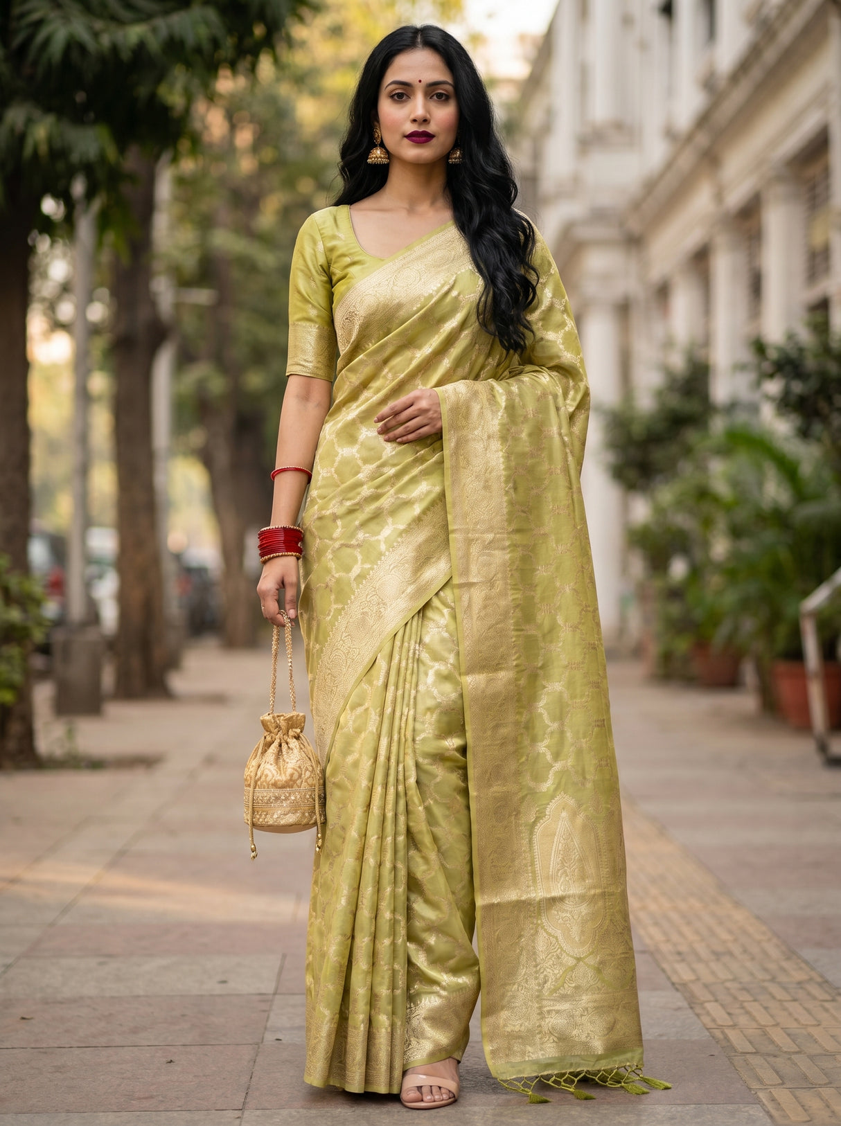 MIMOSA Olive Banarasi Art Silk Saree β Draped Mannequin View