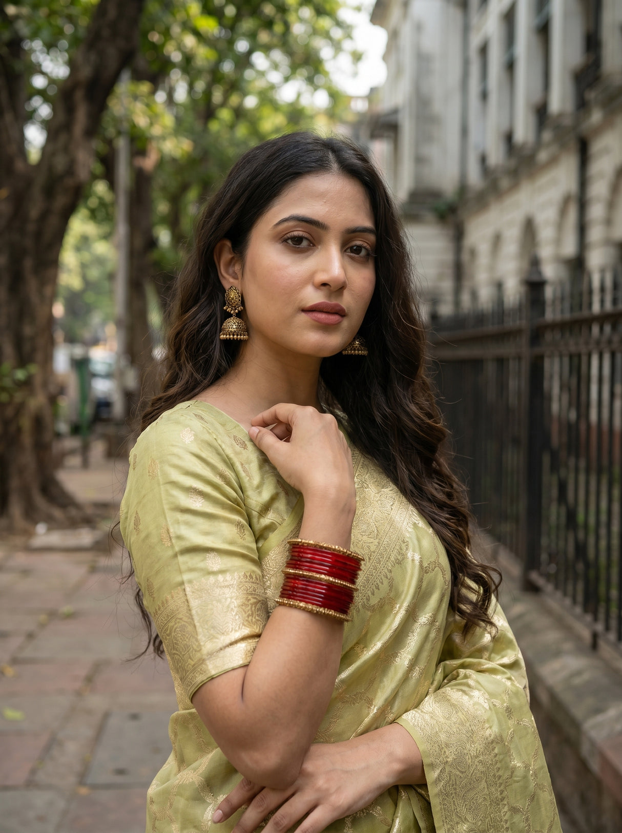 MIMOSA Olive Banarasi Art Silk Saree β pose 10 styling detail