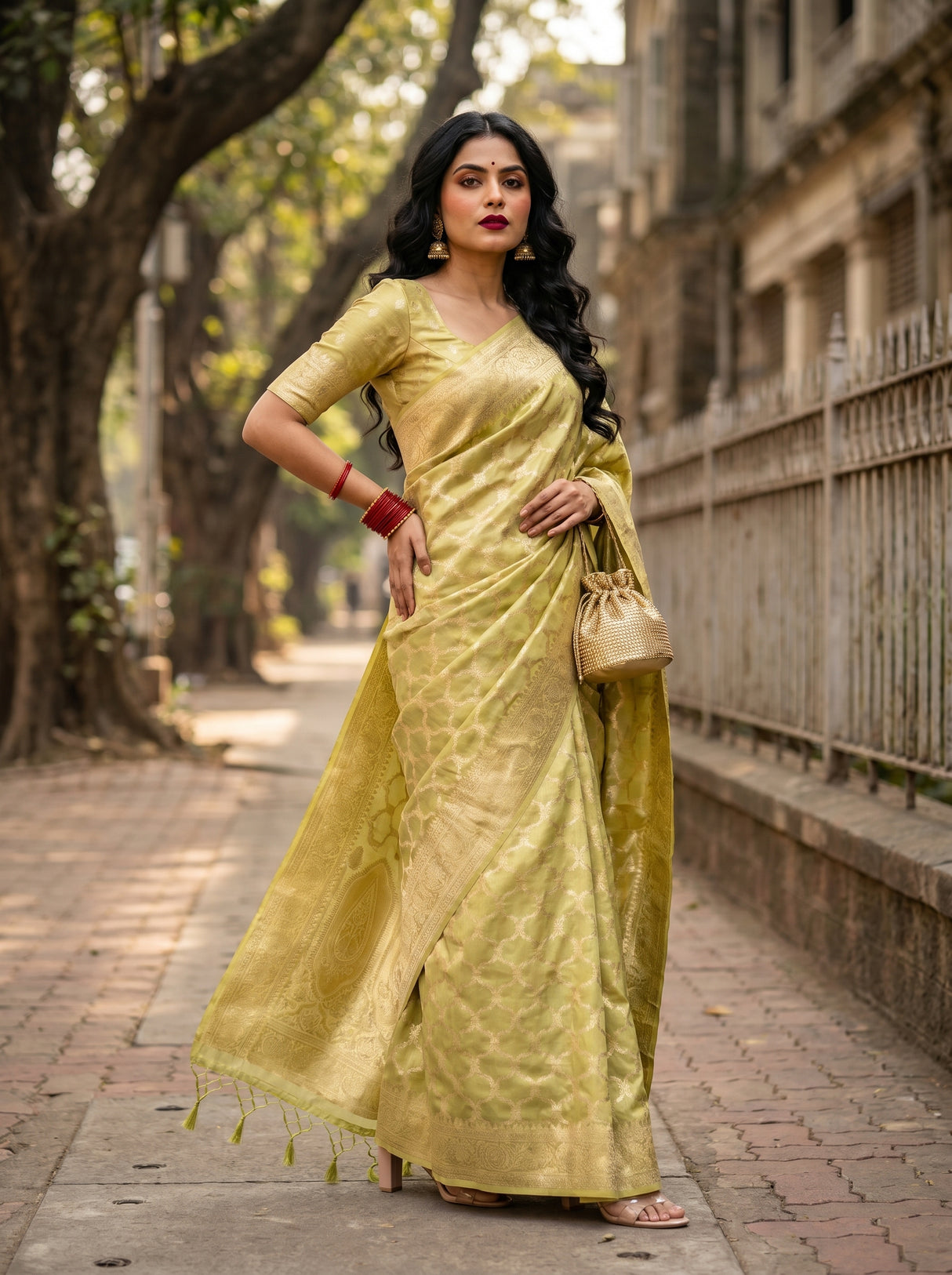 MIMOSA Olive Banarasi Art Silk Saree β pose 5 styling detail