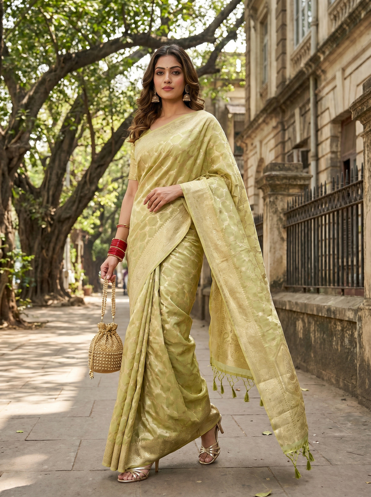 MIMOSA Olive Banarasi Art Silk Saree β pose 6 styling detail