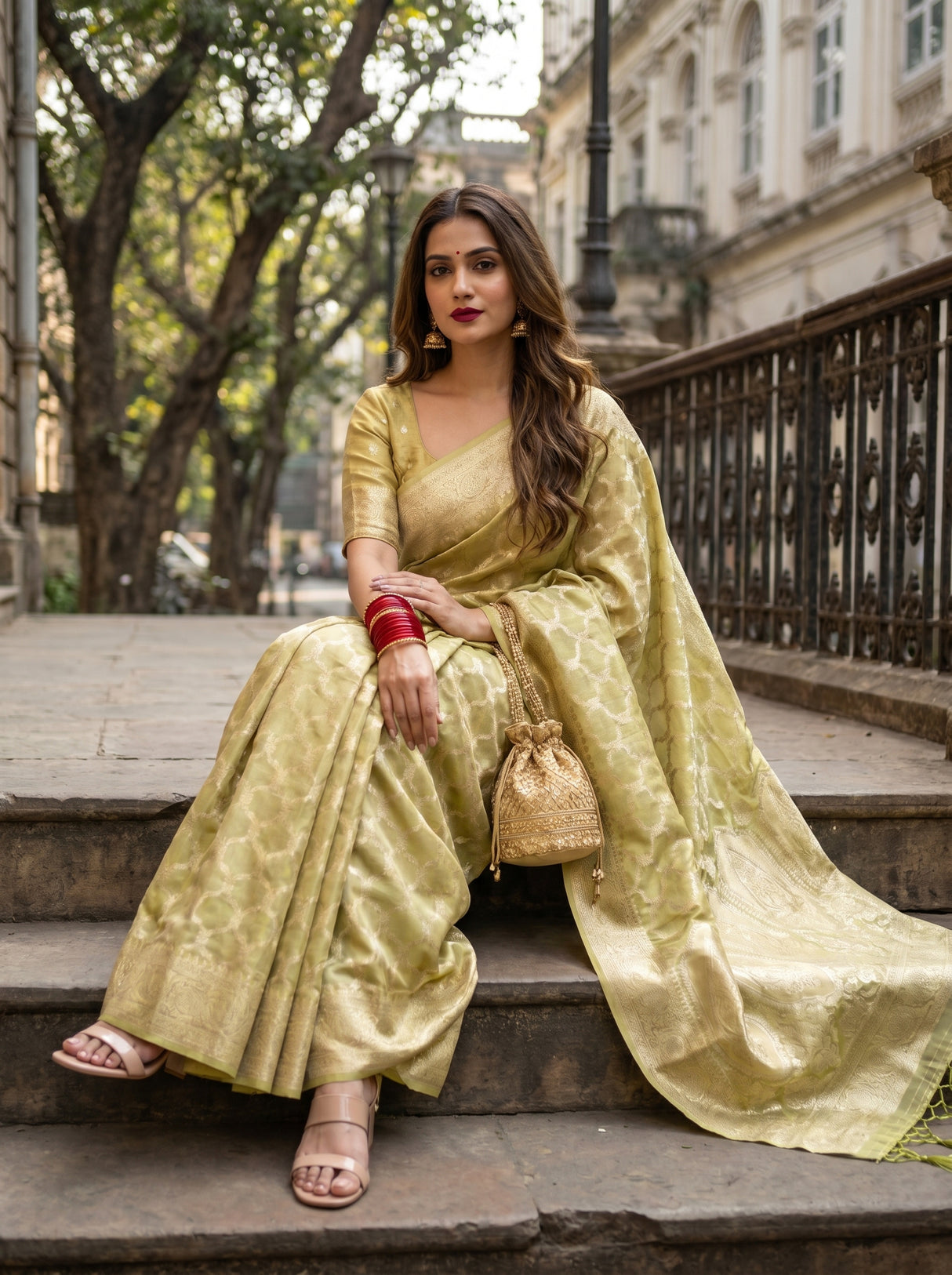 MIMOSA Olive Banarasi Art Silk Saree β pose 8 styling detail