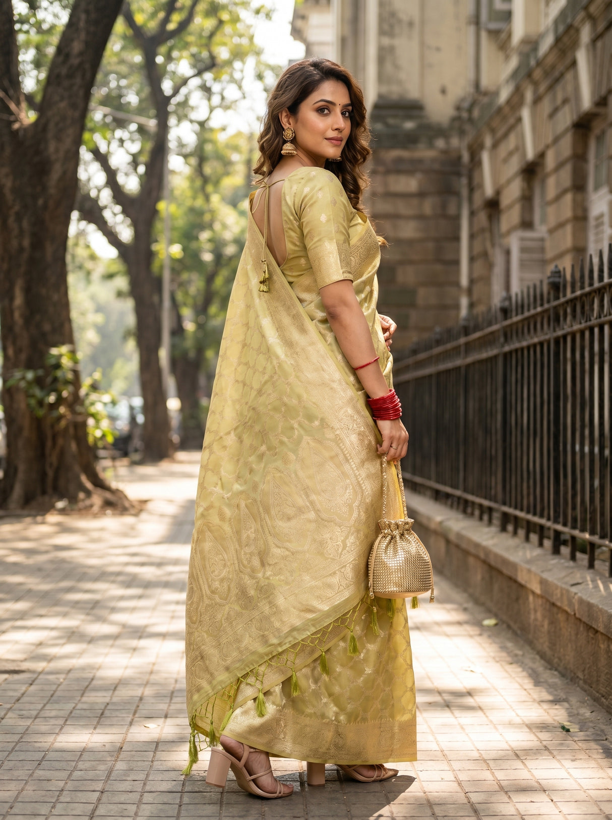 MIMOSA Olive Banarasi Art Silk Saree β pose 9 styling detail