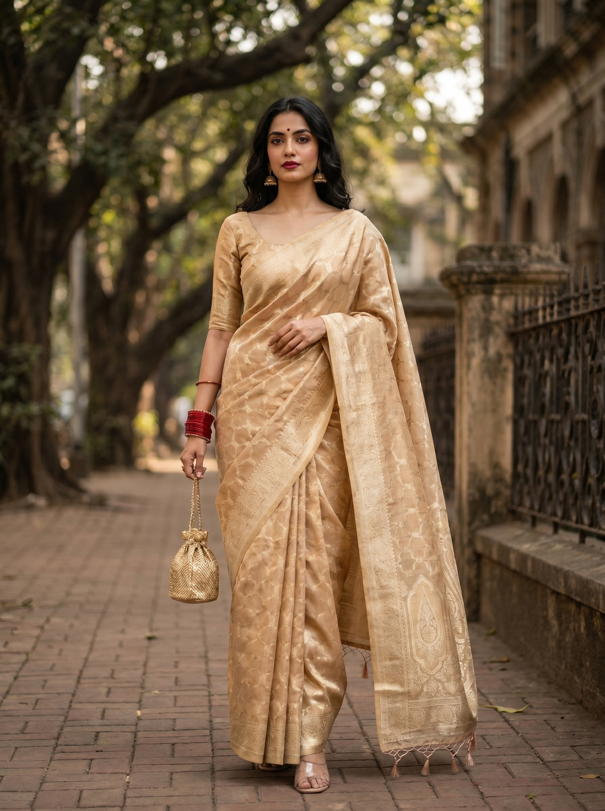 MIMOSA Peach Banarasi Art Silk Saree β Draped Mannequin View
