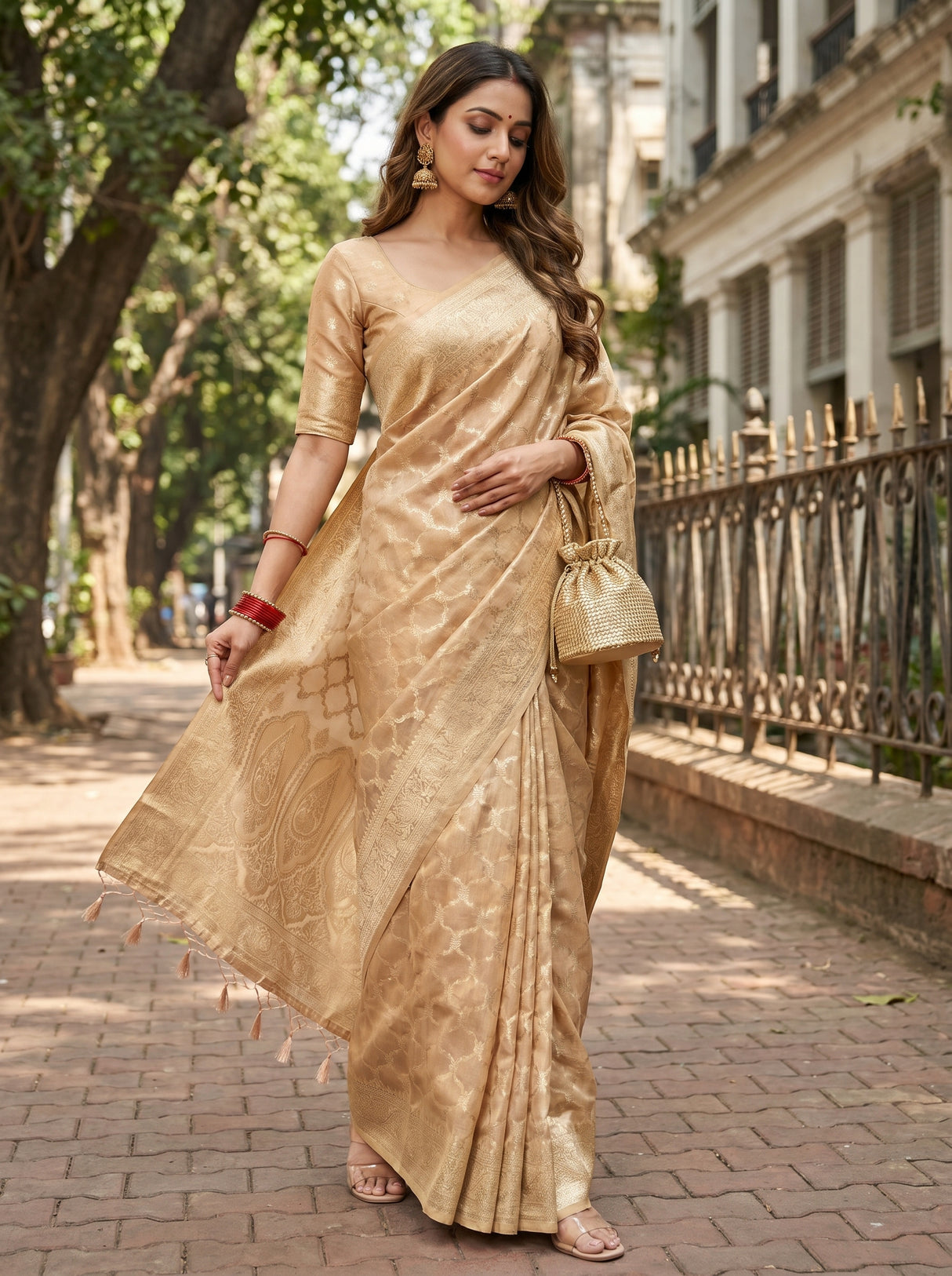 MIMOSA Peach Banarasi Art Silk Saree β pose 4 styling detail