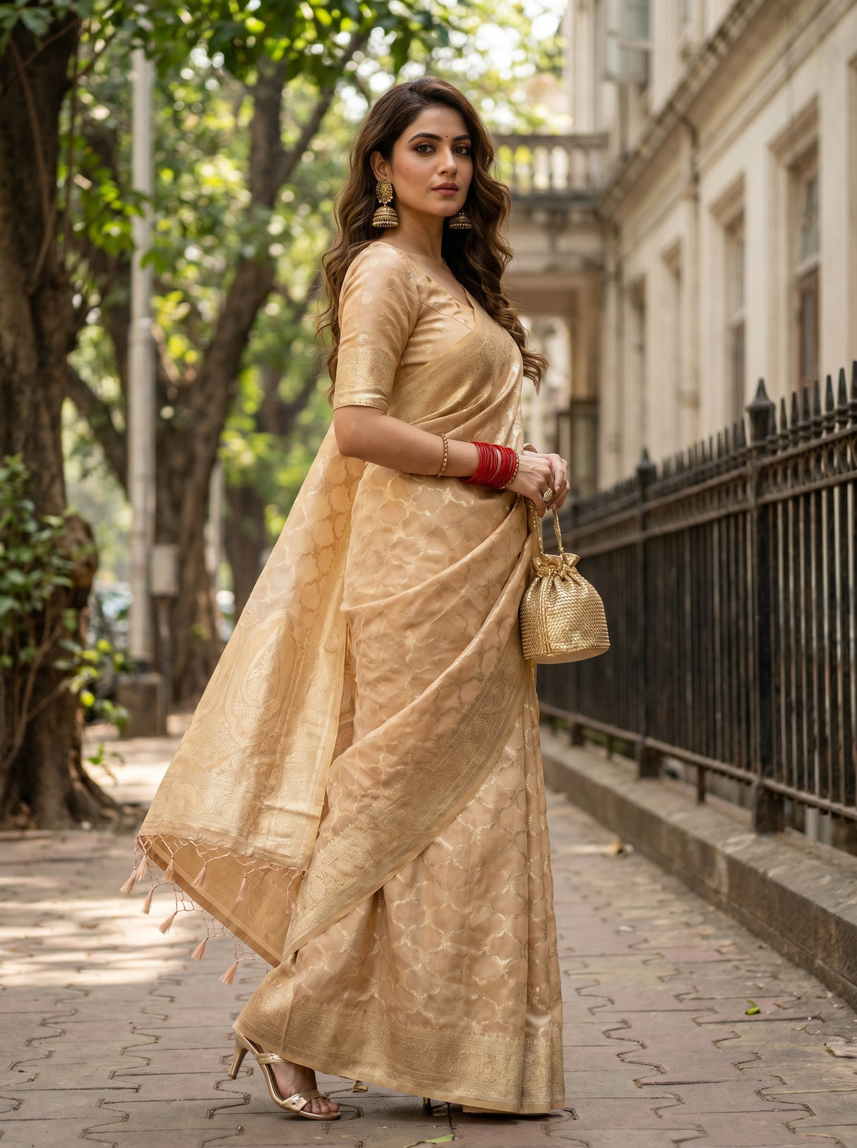 MIMOSA Peach Banarasi Art Silk Saree β pose 5 styling detail