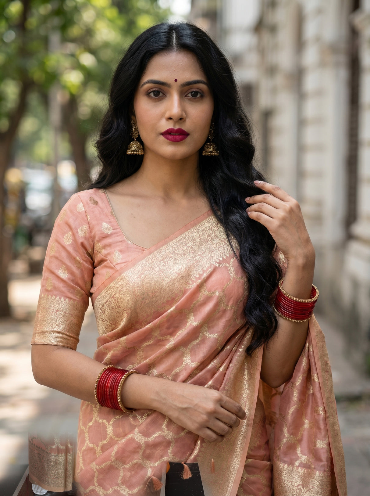 MIMOSA Pink Banarasi Art Silk Saree β pose 10 styling detail