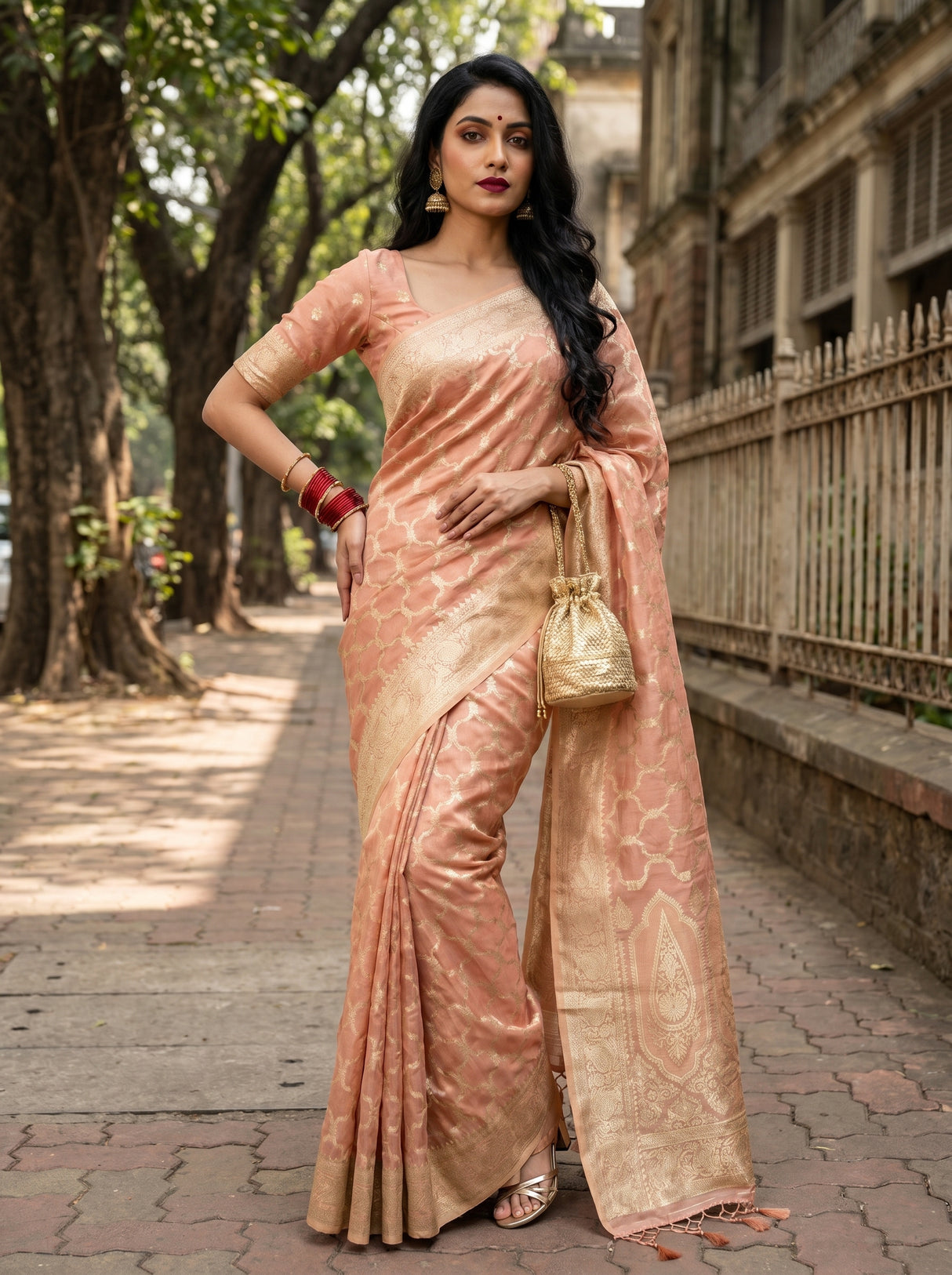 MIMOSA Pink Banarasi Art Silk Saree β Full View on Model