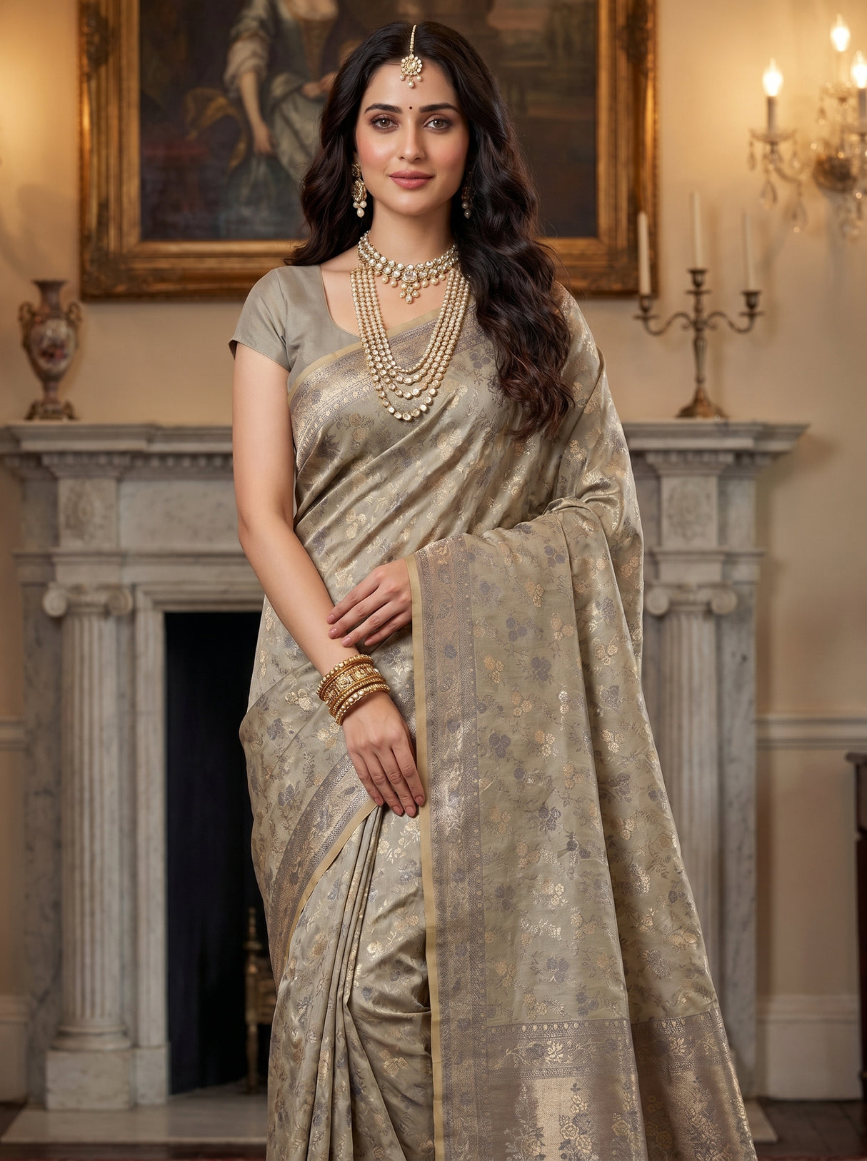 MIMOSA Grey Kanjivaram Art Silk Saree β full view on mannequin