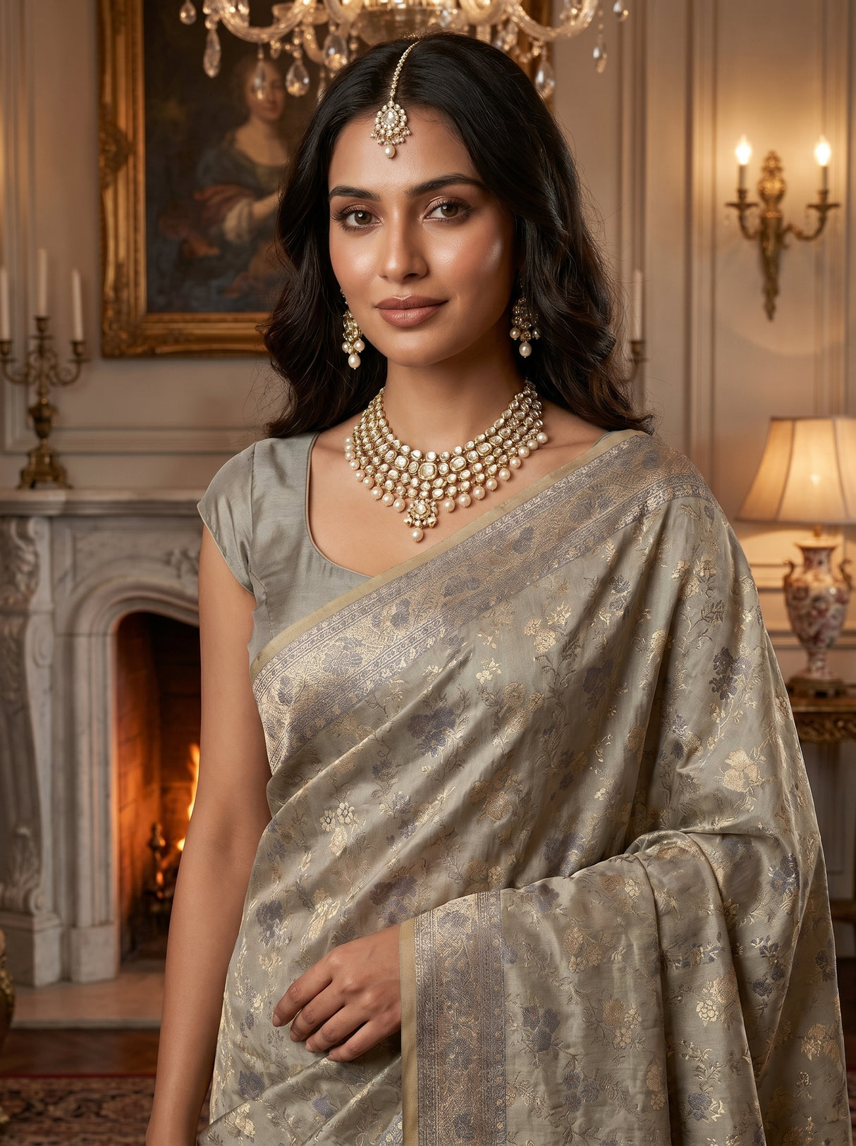 MIMOSA Grey Kanjivaram Art Silk Saree β pose 10 styling detail