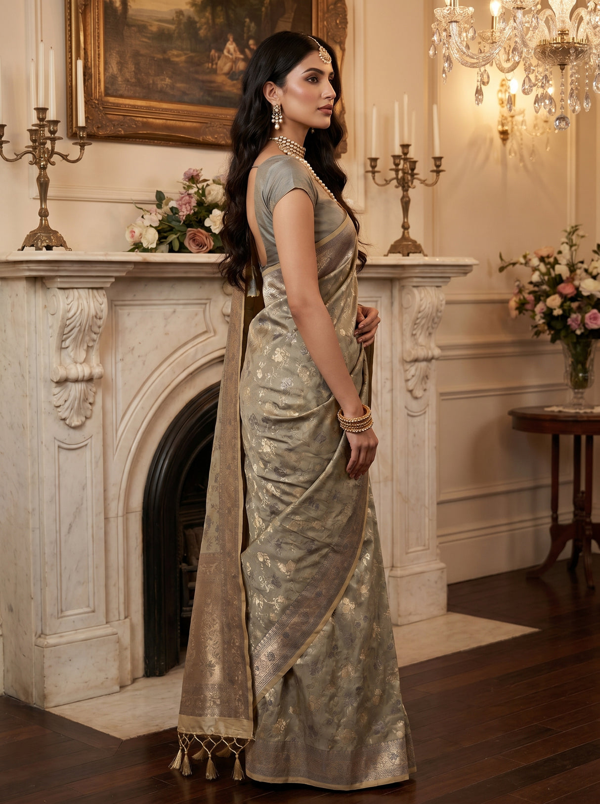 MIMOSA Grey Kanjivaram Art Silk Saree β lifestyle view on model