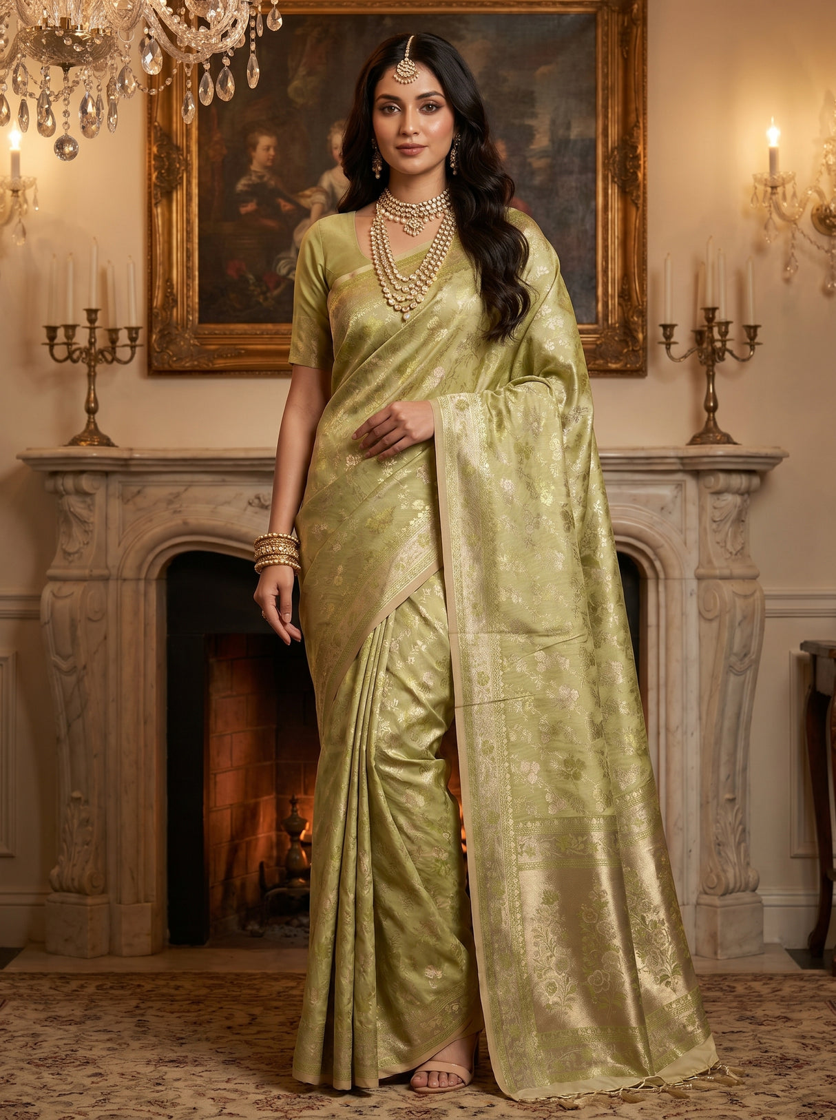 MIMOSA Olive Kanjivaram Art Silk Saree β full view on mannequin