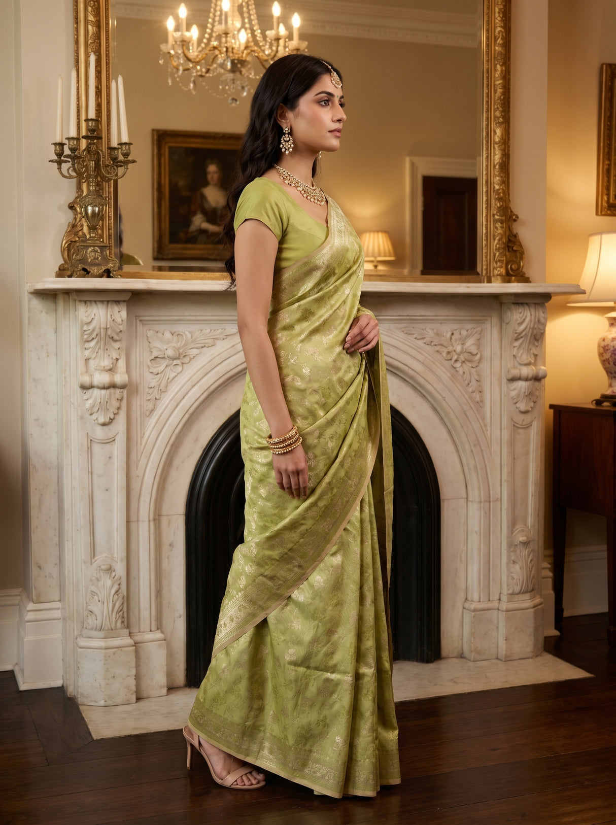 MIMOSA Olive Kanjivaram Art Silk Saree β lifestyle view on model