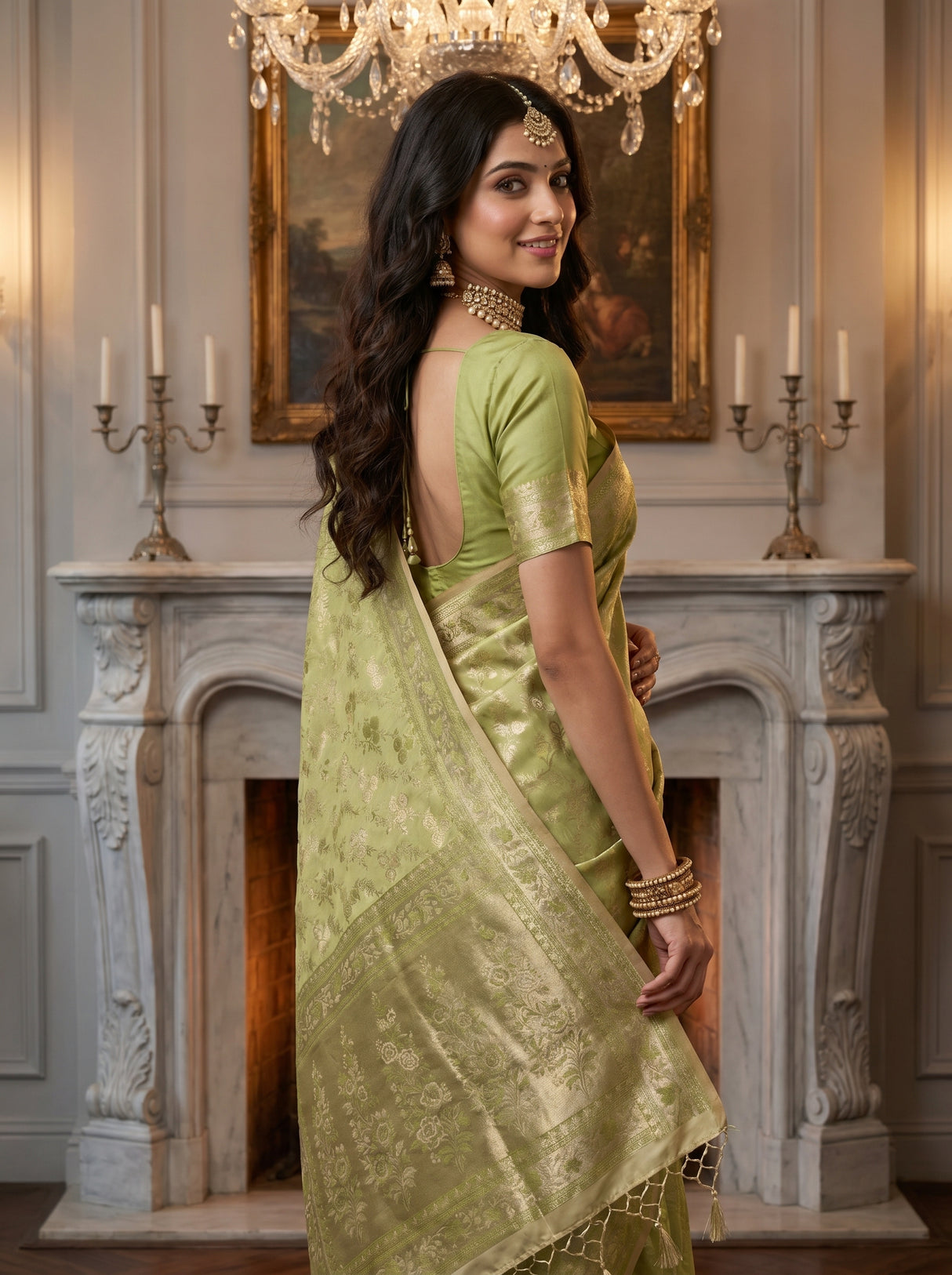 MIMOSA Olive Kanjivaram Art Silk Saree β pose 5 styling detail