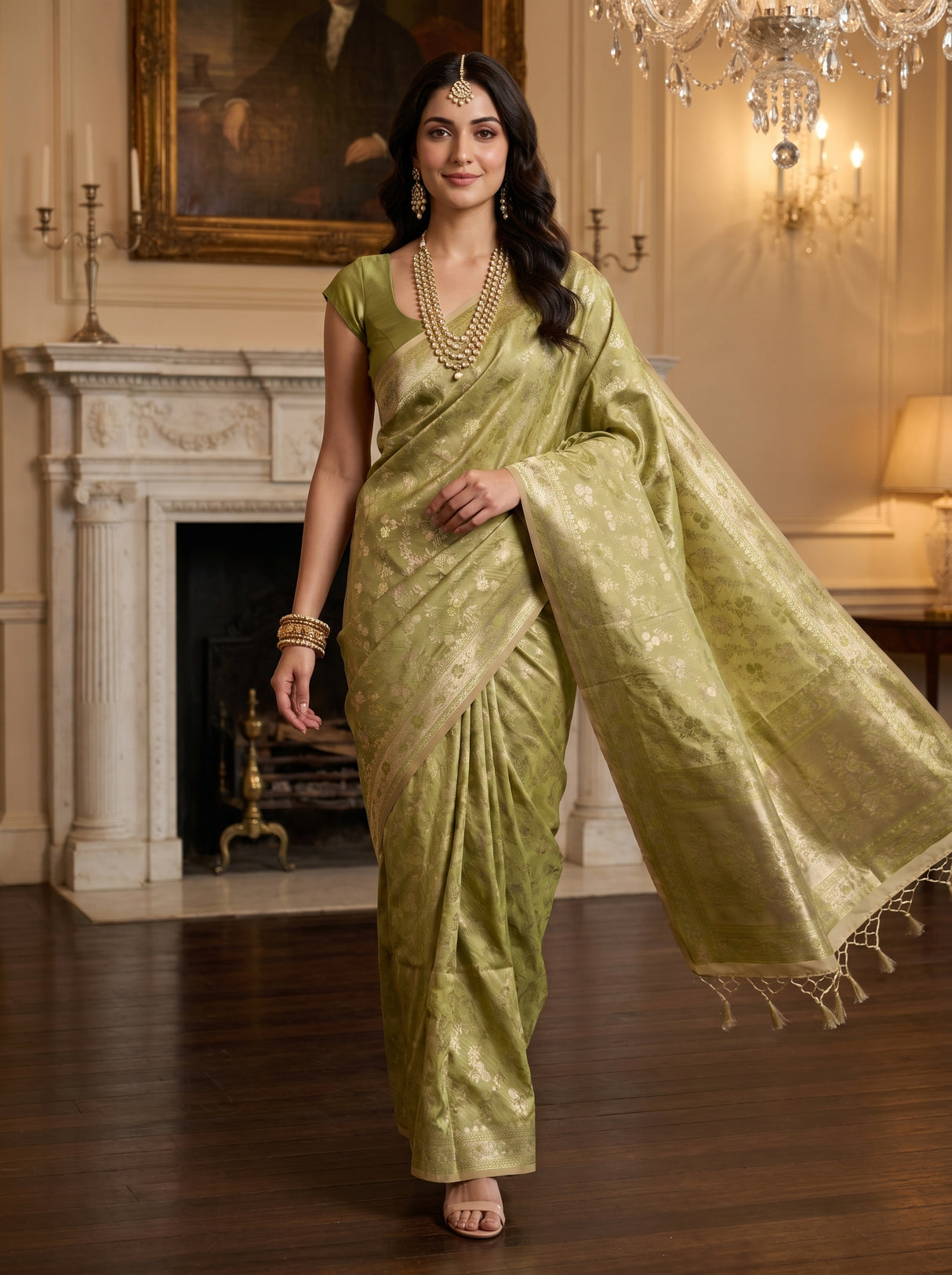 MIMOSA Olive Kanjivaram Art Silk Saree β pose 7 styling detail