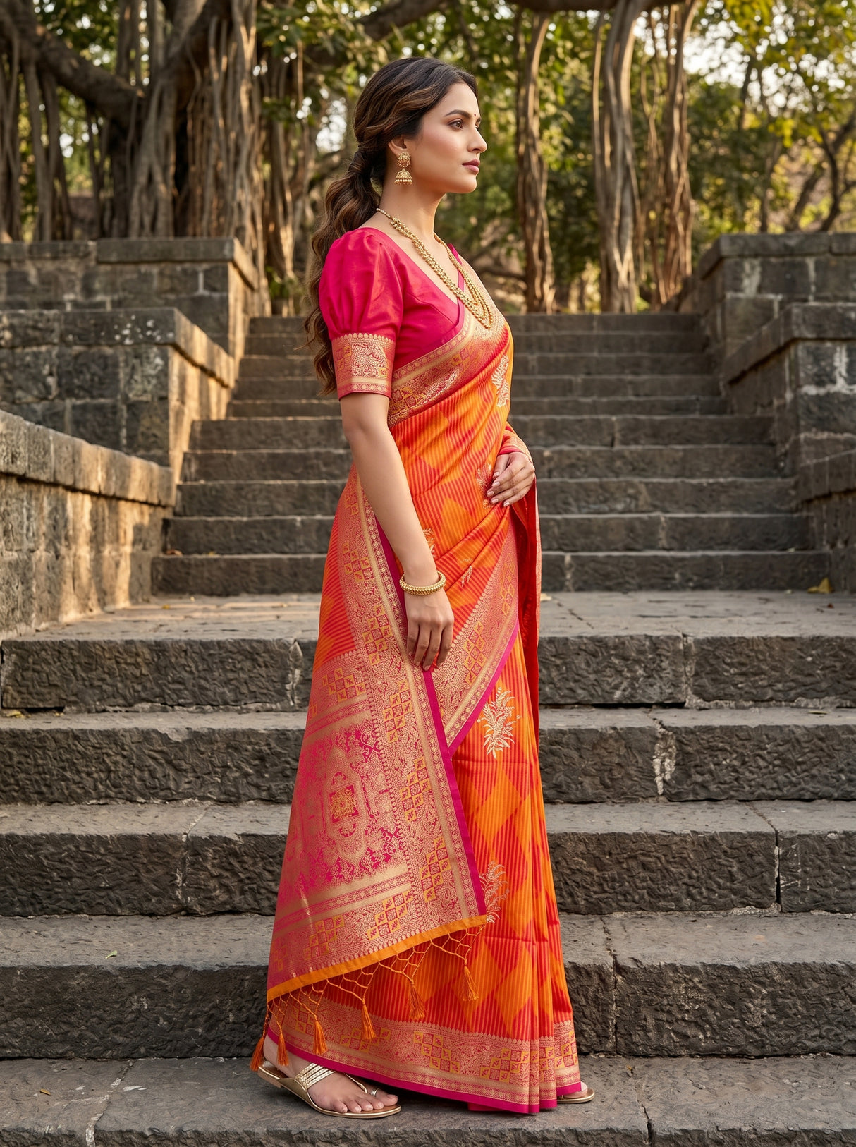 MIMOSA Gold Kanjivaram Art Silk Saree β model in temple setting