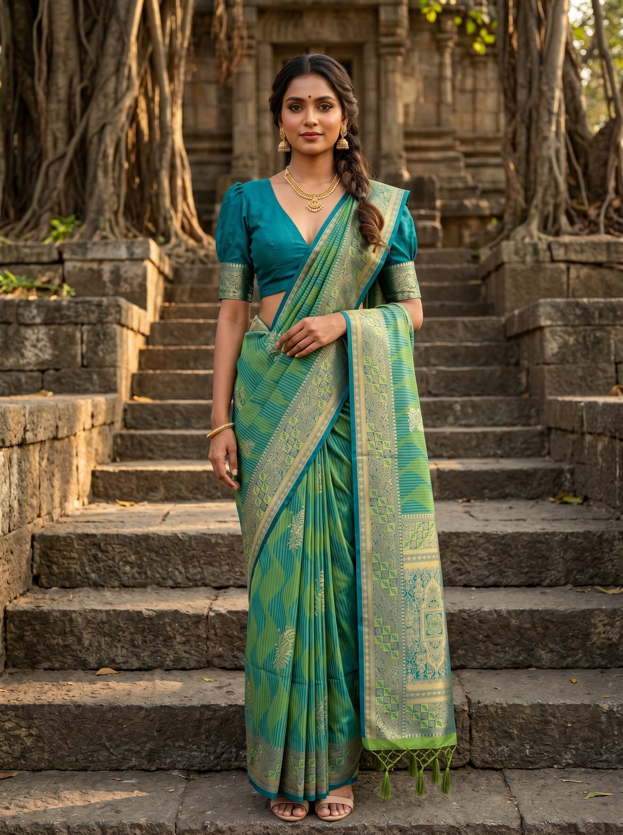 MIMOSA Parrot Green Kanjivaram Art Silk Saree β mannequin full view