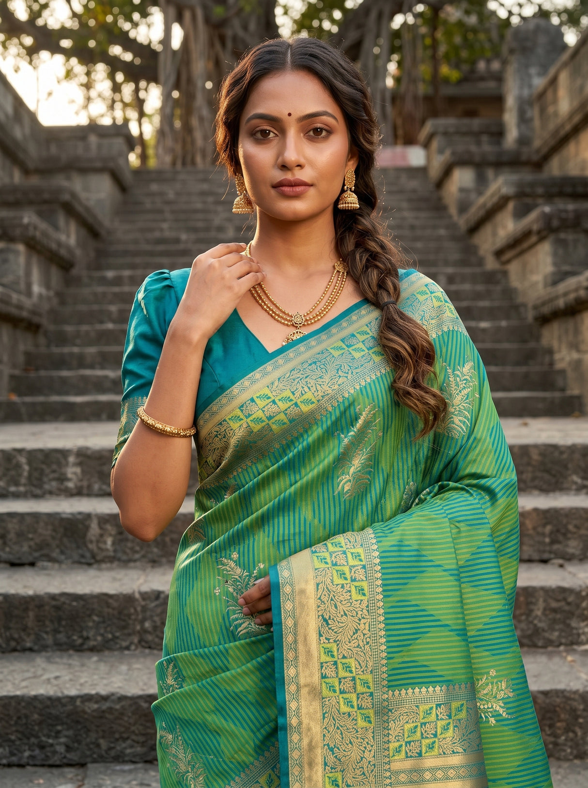 MIMOSA Parrot Green Kanjivaram Art Silk Saree β pose 10 styling detail