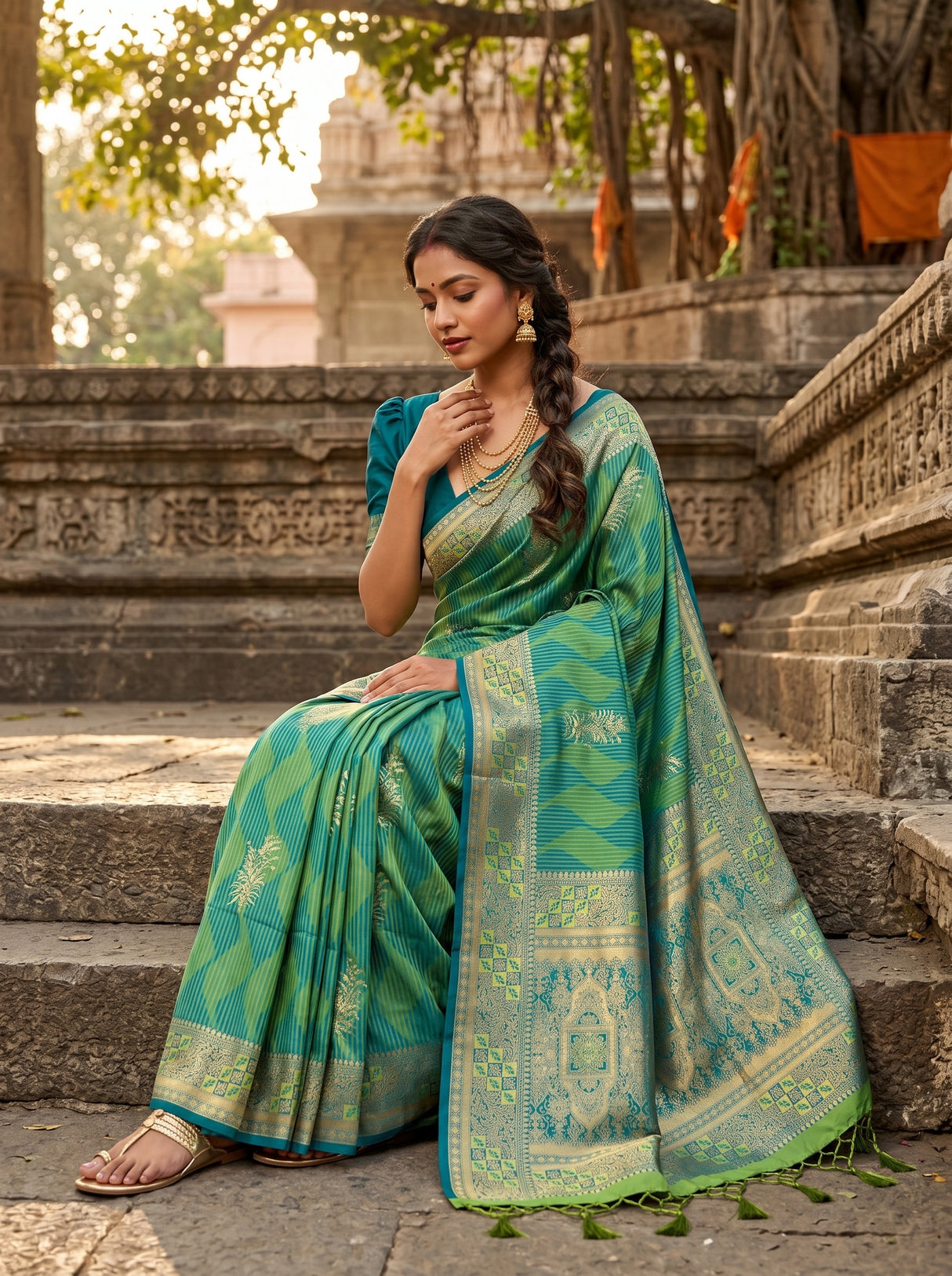 MIMOSA Parrot Green Kanjivaram Art Silk Saree β pose 8 styling detail