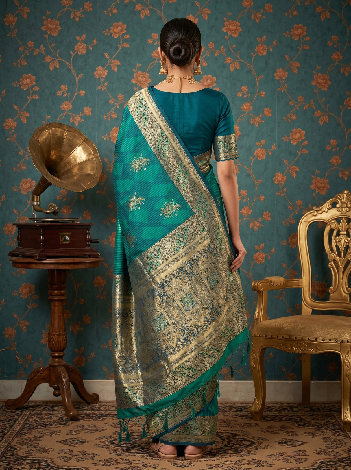 MIMOSA Rama Kanjivaram Art Silk Saree β contrast Navy blouse piece