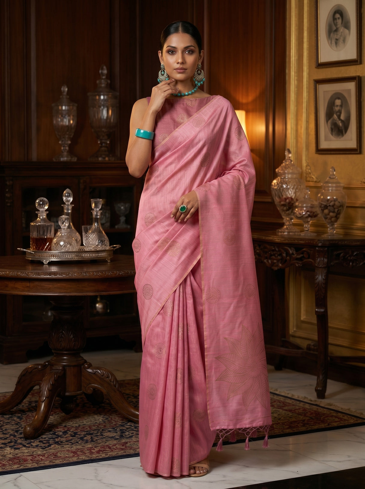 MIMOSA Pink bhagalpuri Linen Saree — AI Model lifestyle pose 1