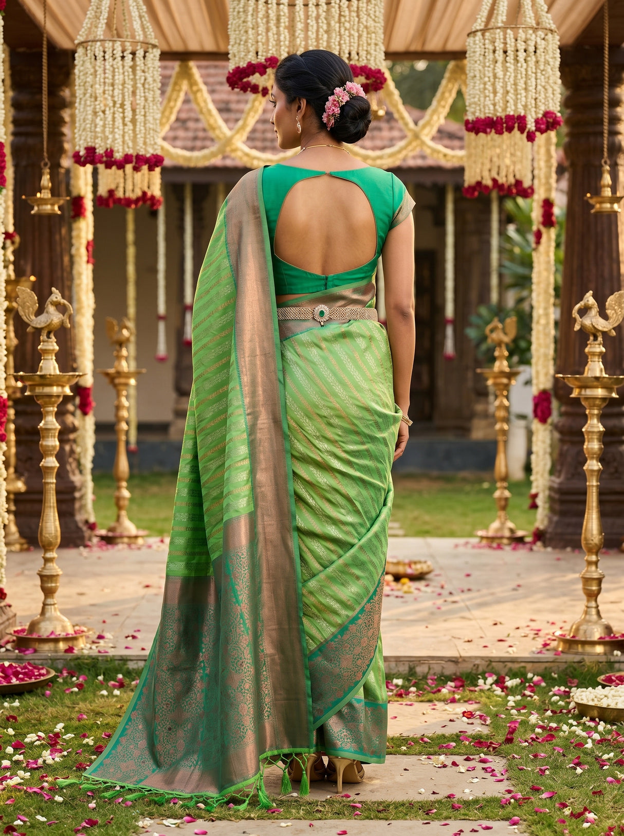 MIMOSA Parrot Green Kanjivaram Art Silk Saree β Unstitched Rama Blouse Piece