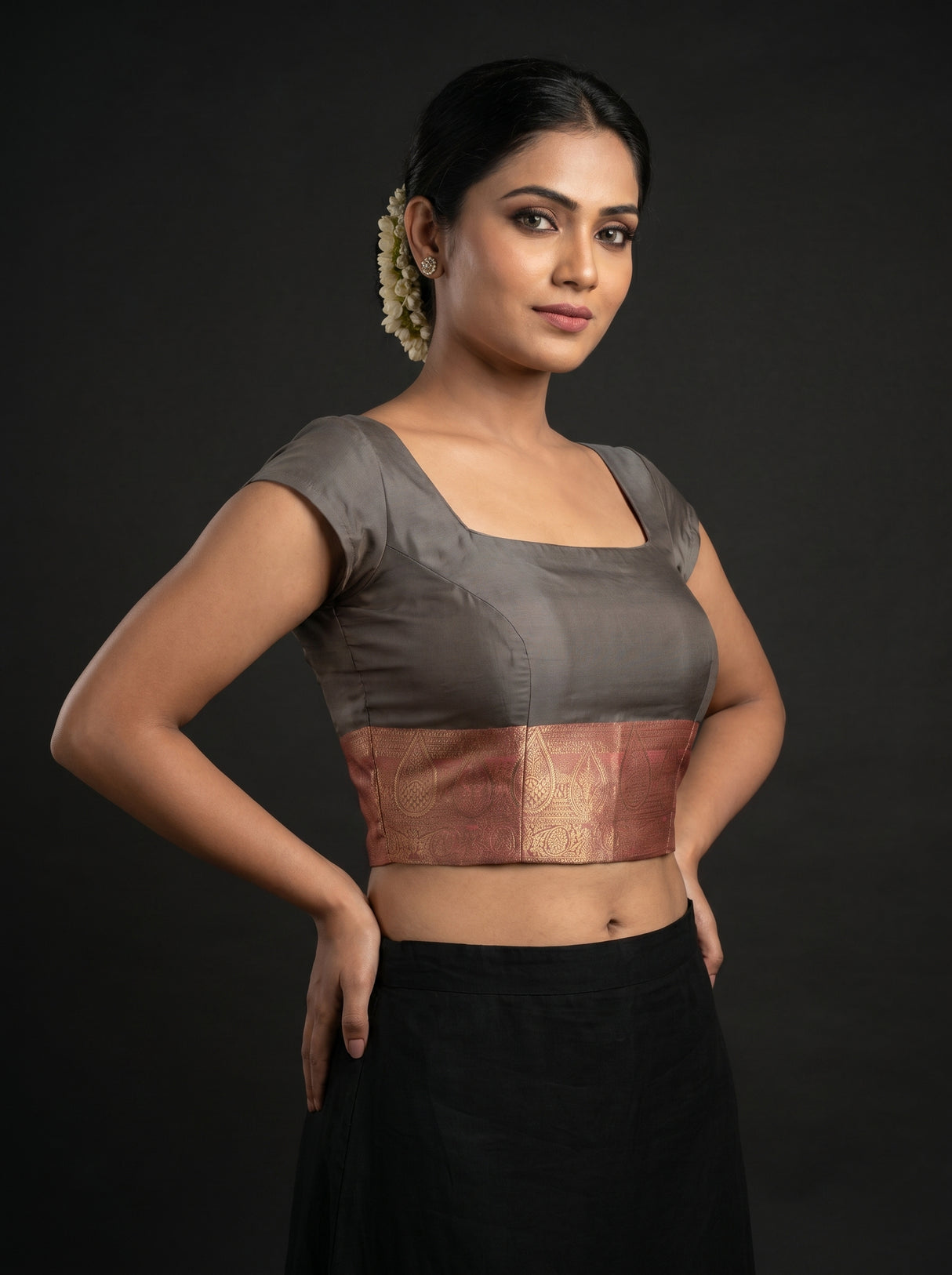 MIMOSA Grey Kanjivaram Art Silk Saree β blouse close-up