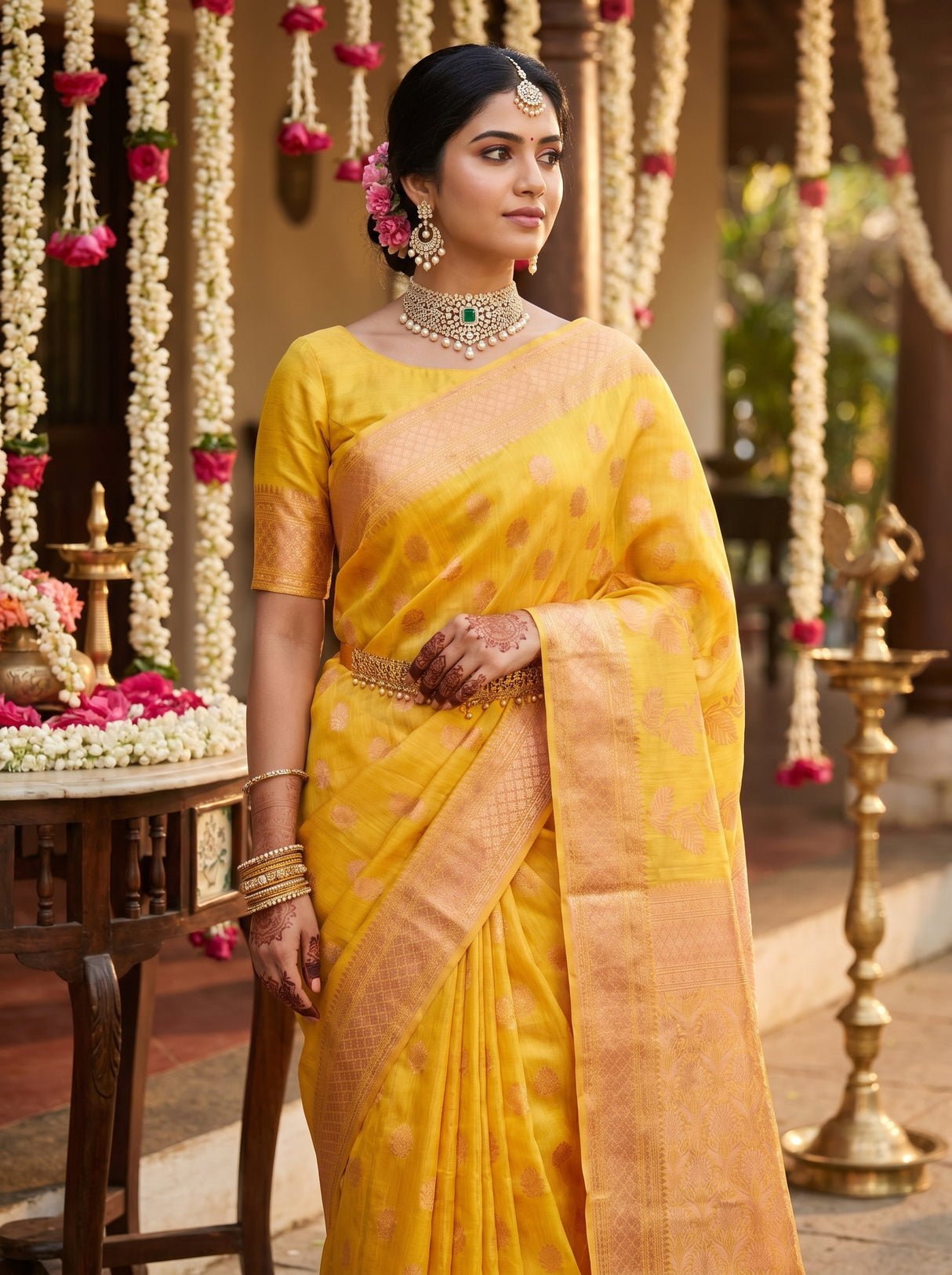 MIMOSA Gold Banarasi Linen Saree β pose 7 styling detail
