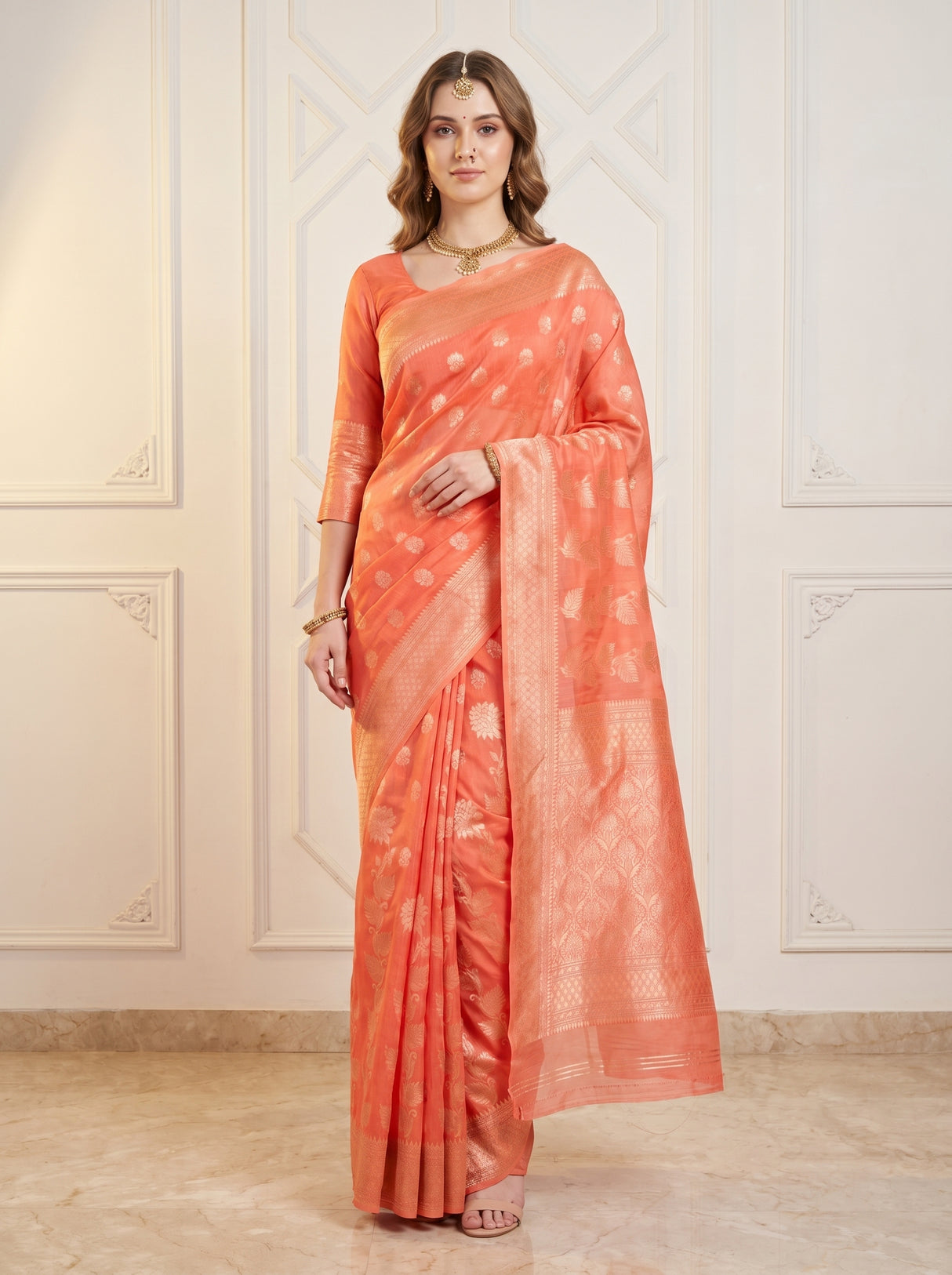 MIMOSA Gajari Banarasi Linen Saree β pose 4 styling detail