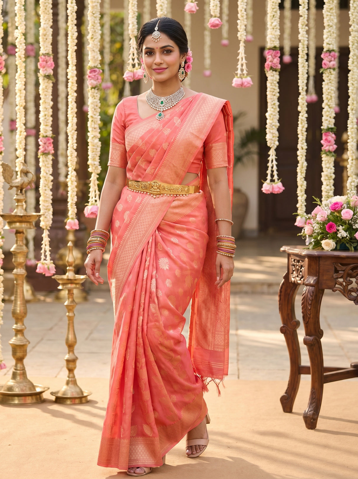 MIMOSA Gajari Banarasi Linen Saree β pose 6 styling detail