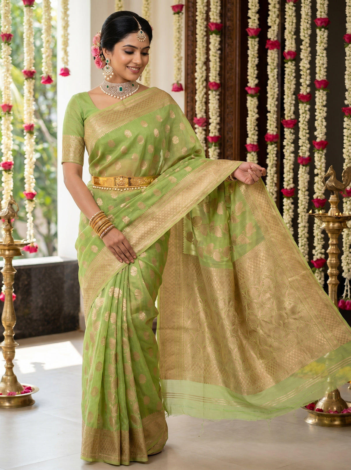 MIMOSA Pista Banarasi Linen Saree β pose 5 styling detail