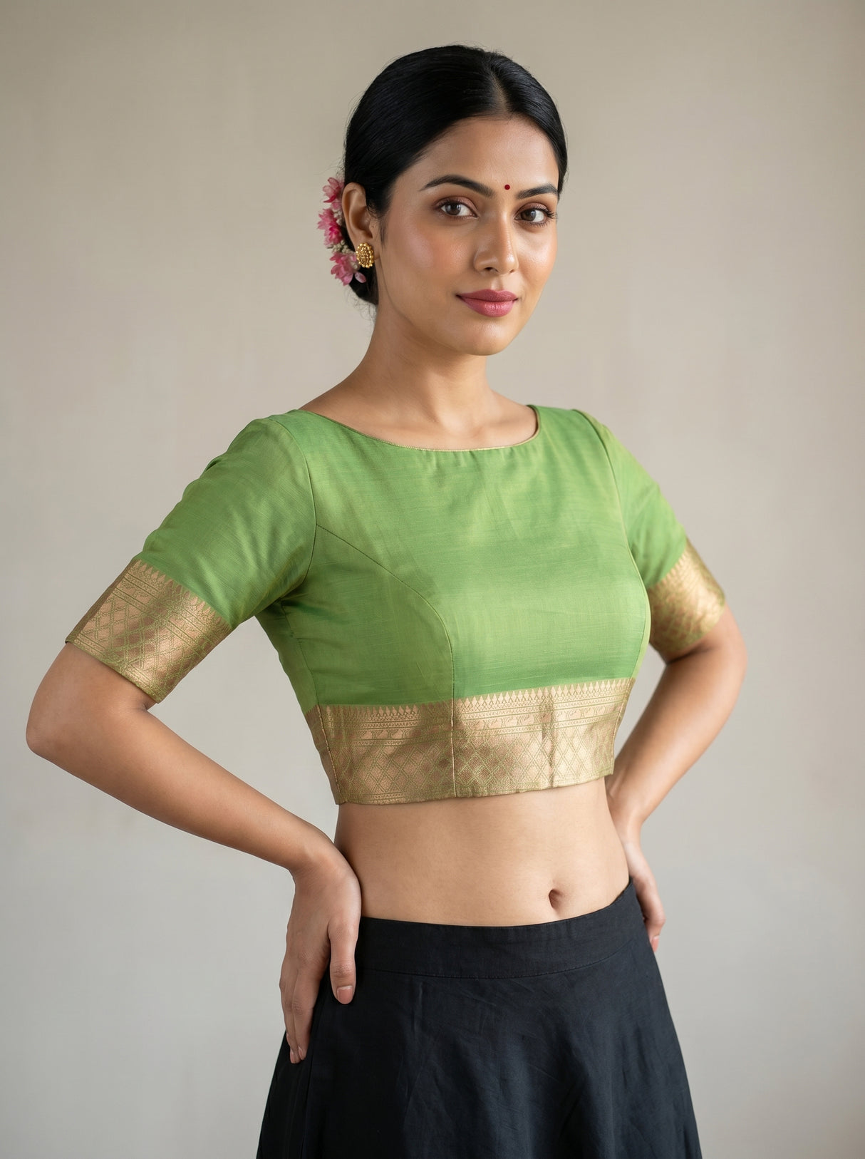 MIMOSA Pista Banarasi Linen Saree β blouse close-up