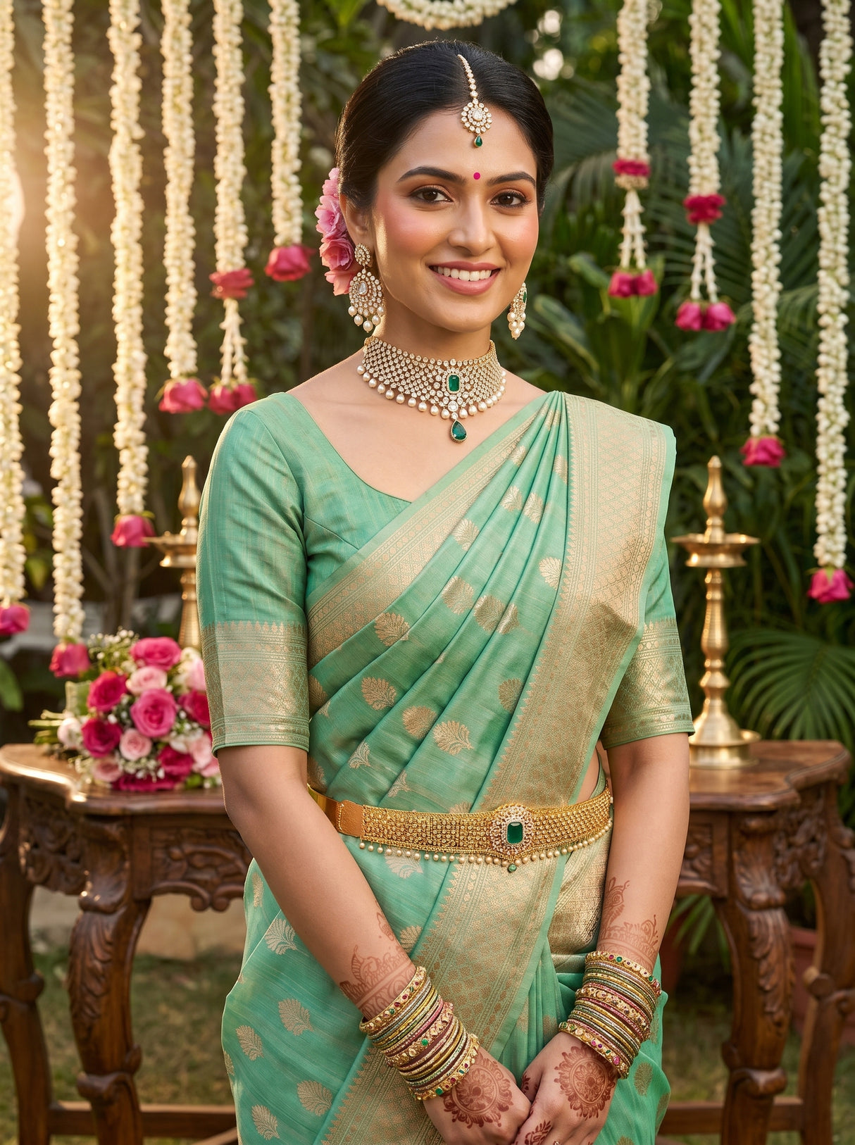 MIMOSA Rama Banarasi Linen Saree β pose 10 styling detail