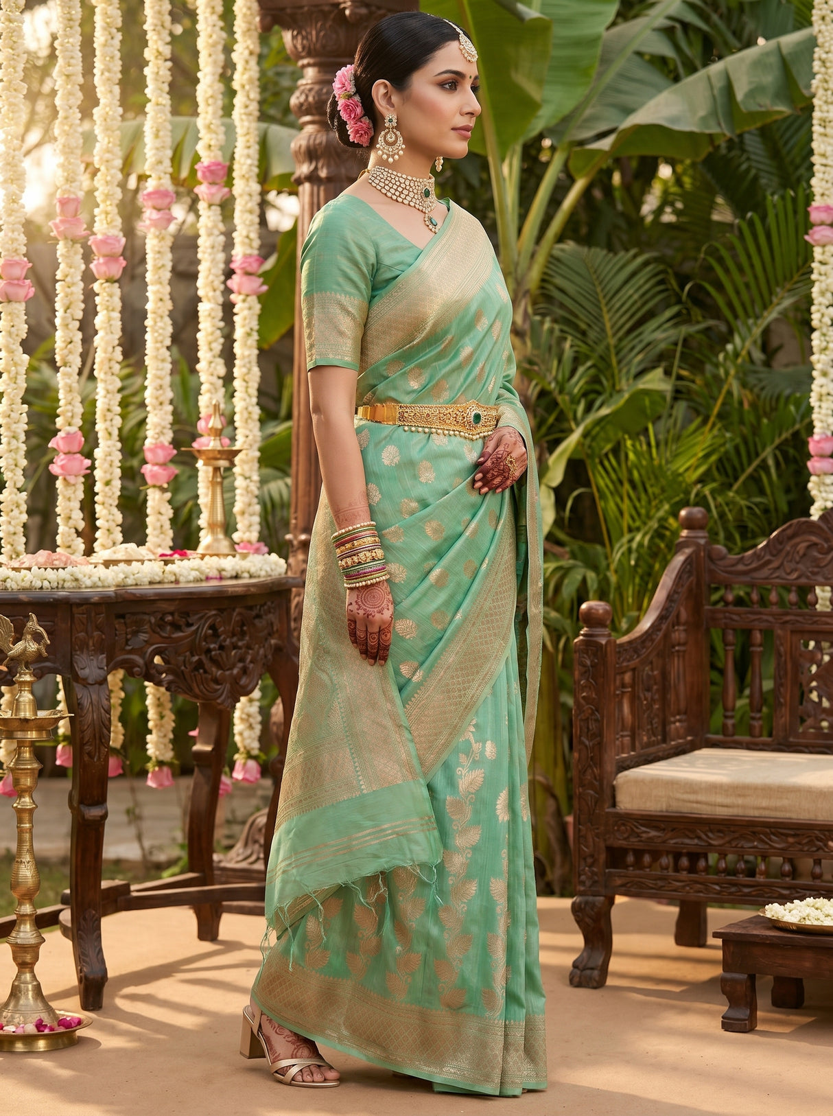 MIMOSA Rama Banarasi Linen Saree β Full View on Model