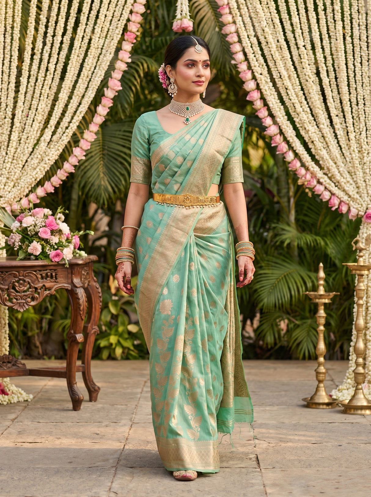 MIMOSA Rama Banarasi Linen Saree β pose 9 styling detail