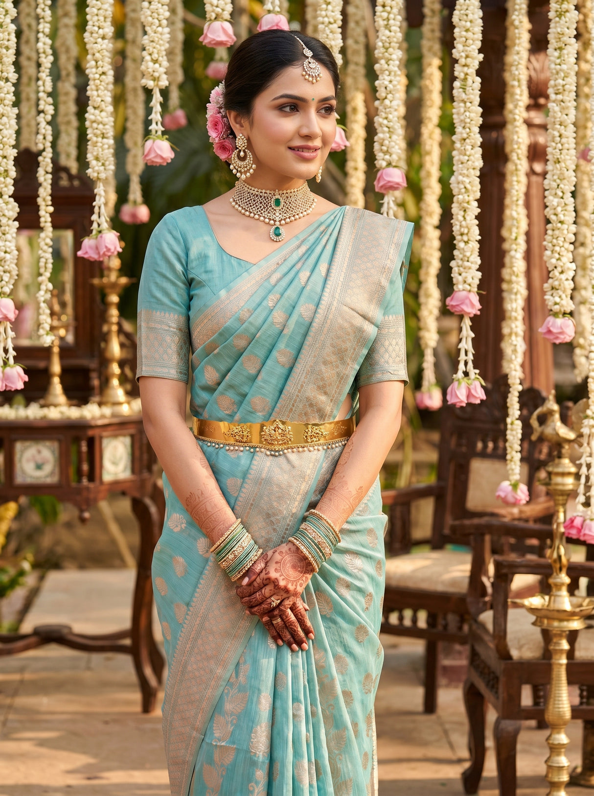 MIMOSA Saffire Banarasi Linen Saree β pose 4 styling detail