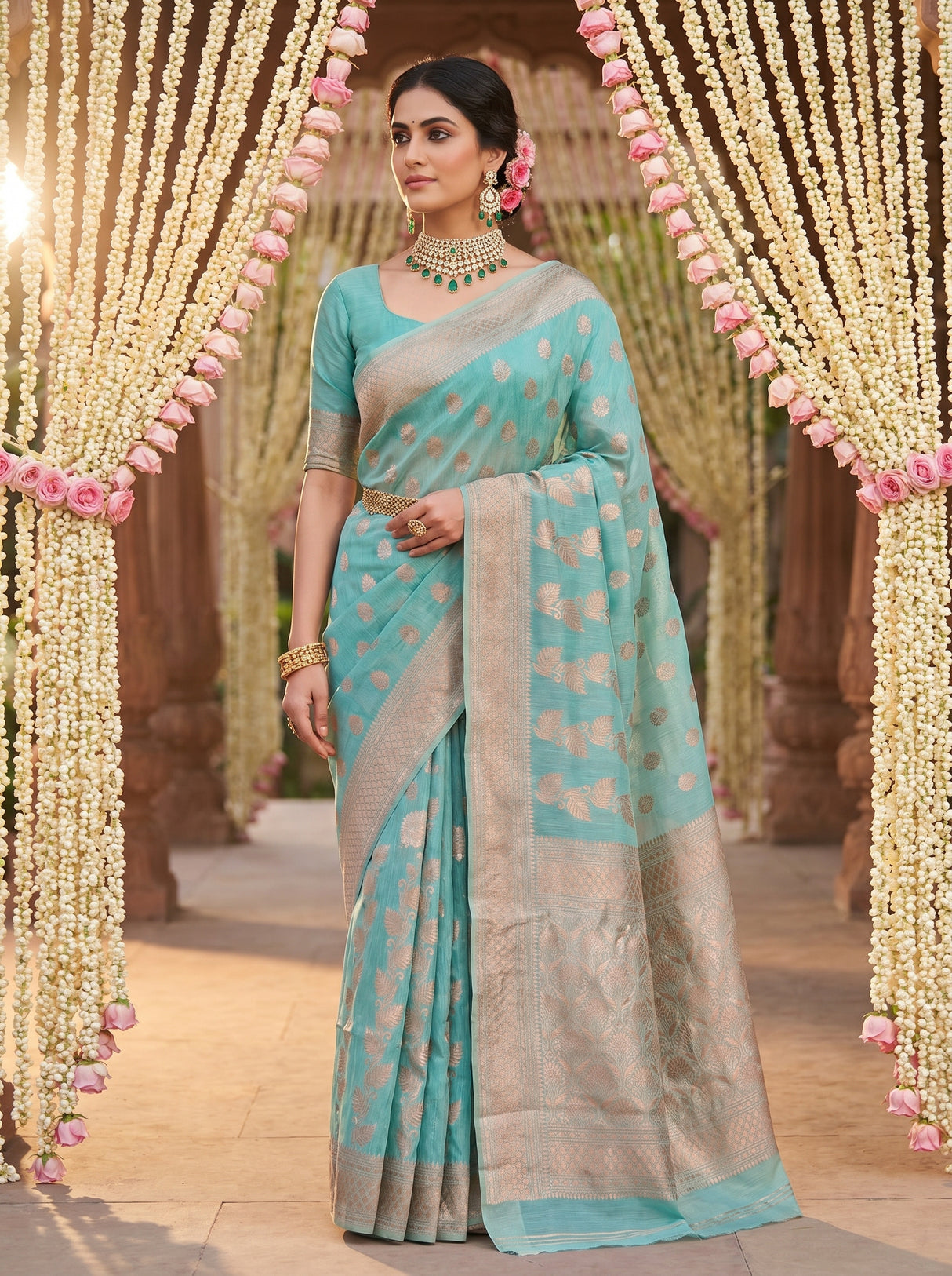 MIMOSA Saffire Banarasi Linen Saree β pose 7 styling detail