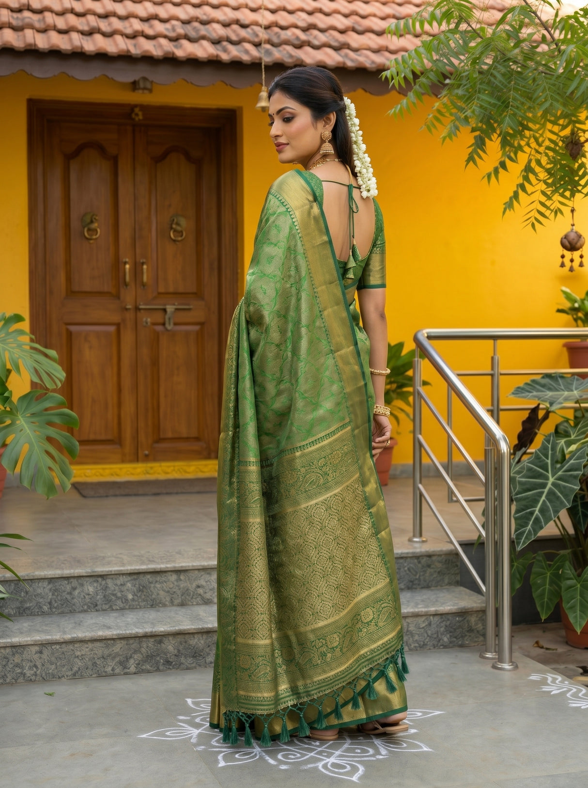 MIMOSA Green Kanjivaram Art Silk Saree — pose 5 styling detail