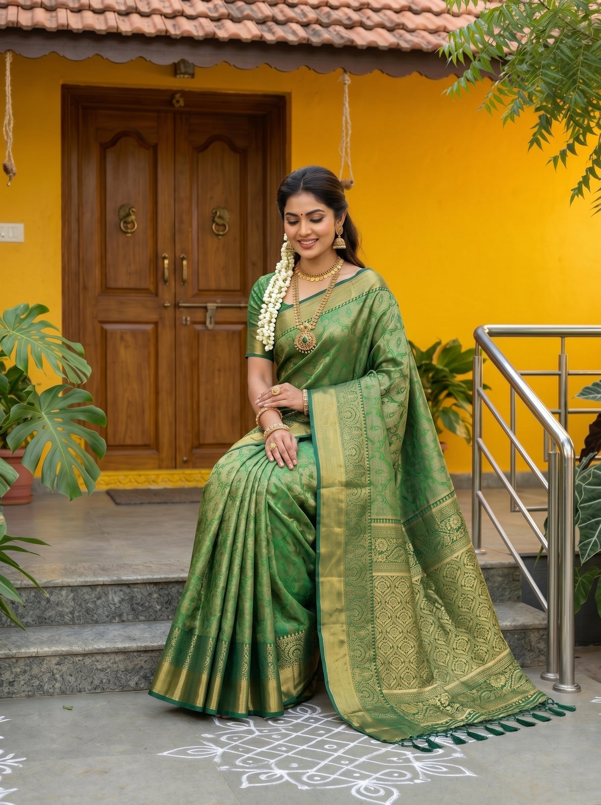 MIMOSA Green Kanjivaram Art Silk Saree — pose 8 styling detail