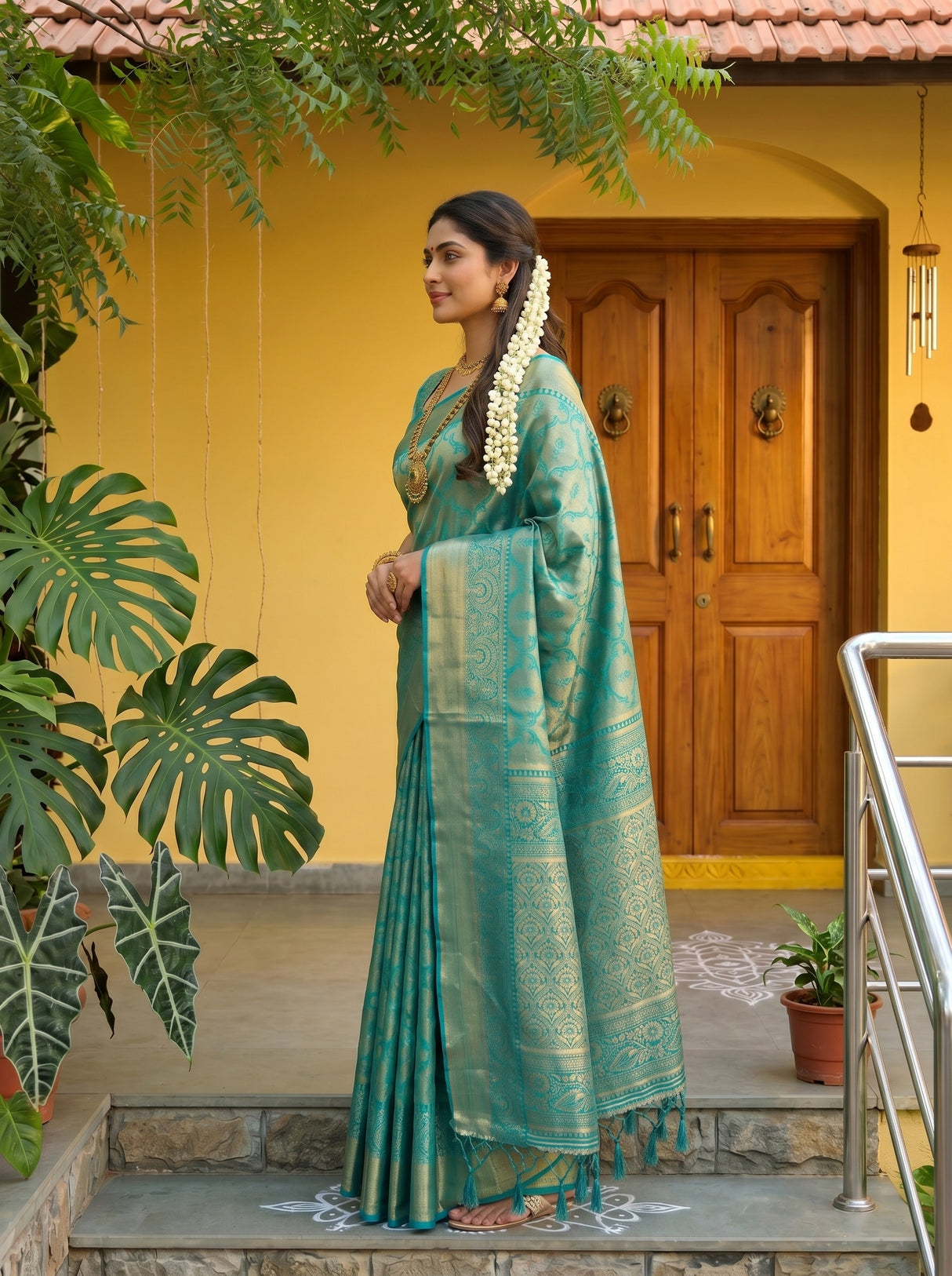 MIMOSA Sapphire Kanjivaram Art Silk Saree — pose 3 styling detail