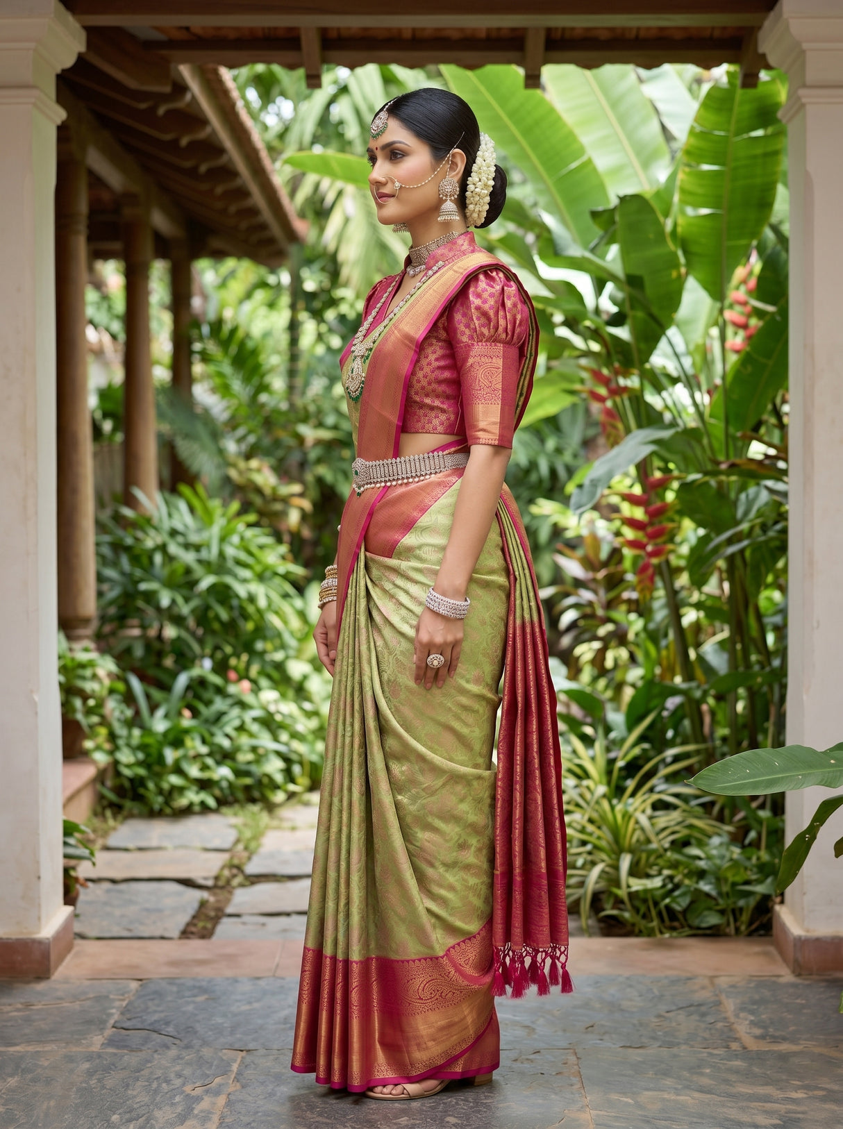 MIMOSA Bottle Green Kanjivaram Art Silk Saree — pose 3 styling detail
