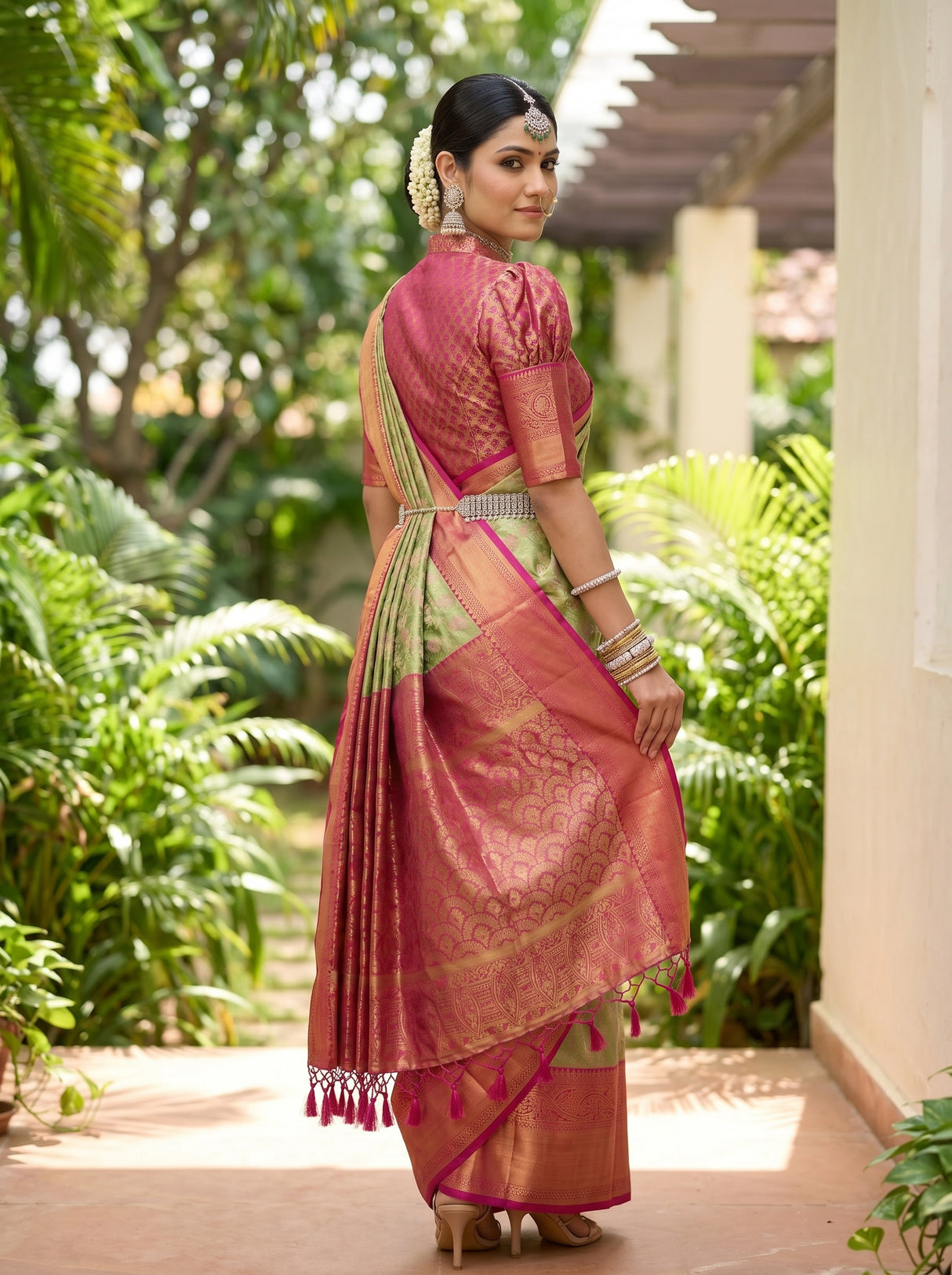 MIMOSA Bottle Green Kanjivaram Art Silk Saree — pose 7 styling detail