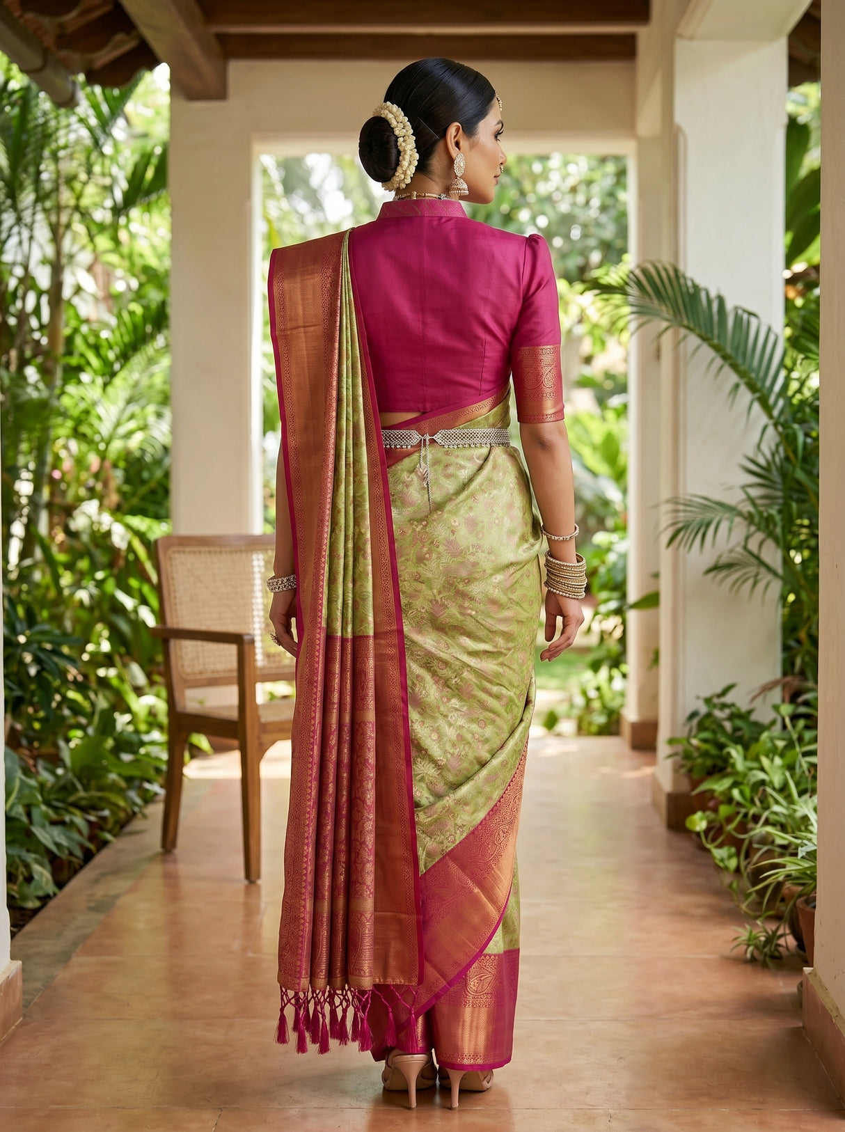 MIMOSA Olive Kanjivaram Art Silk Saree — model wearing traditionally draped